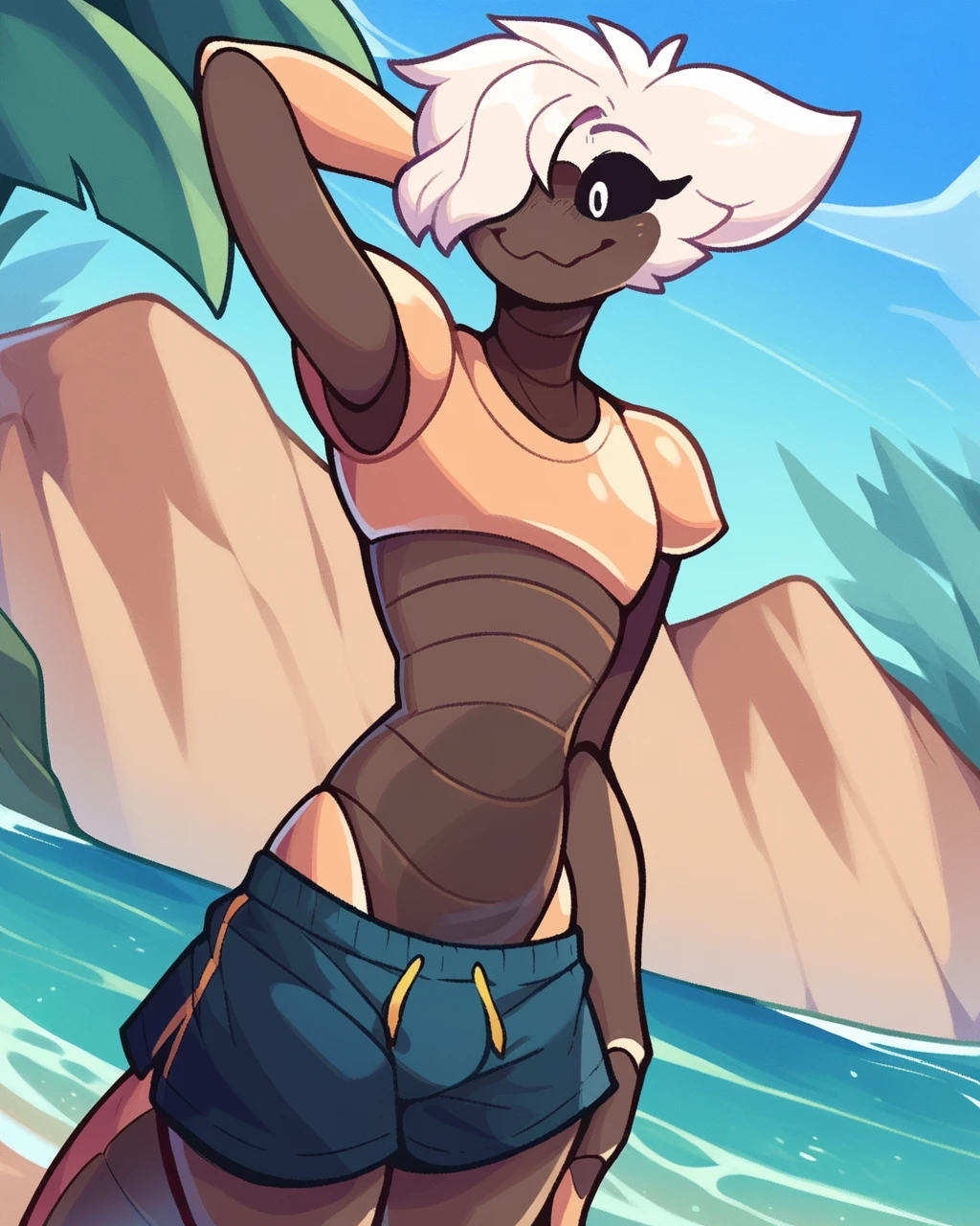 score_9, score_8_up, 1boy, solo, Taro, white hair, black sclera, white eyes, dark skin, anthro, arthropod boy, swimming trunks, hand behind head, groin, pinup, standing, hair over one eye, cute, smile, dynamic angle, detailed background, outdoors, beach, water, <lora:Taro_PDXL:1>