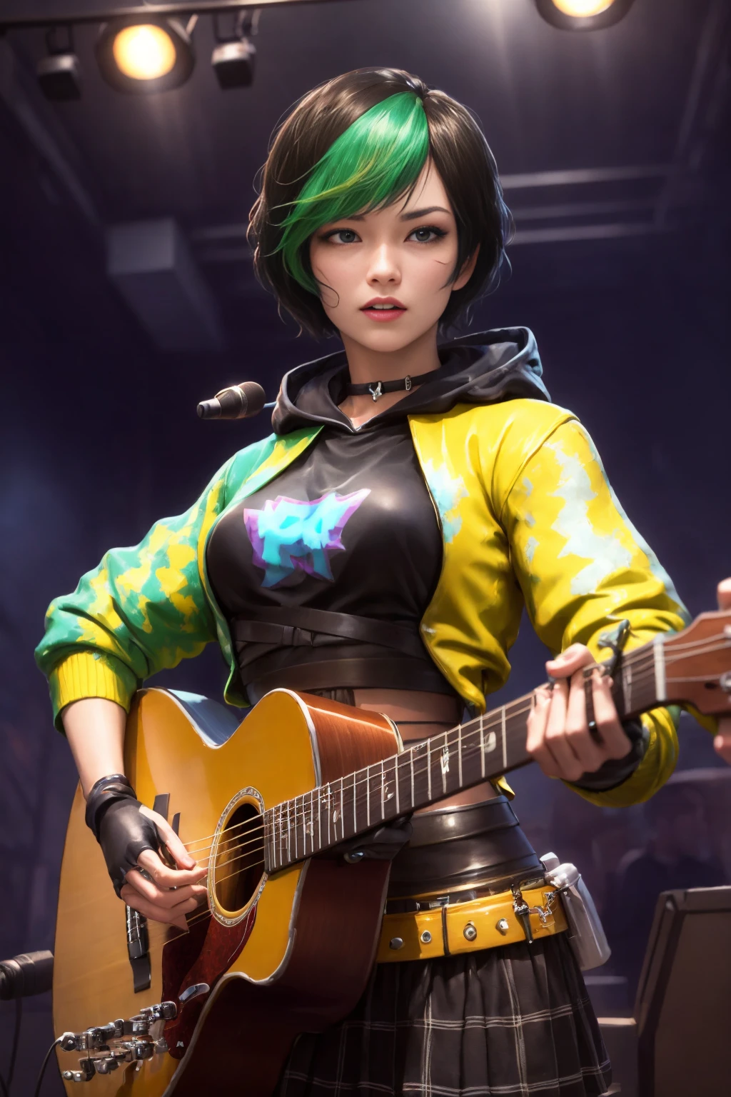 cinematic film still, two colors jacket, (yellow and green jacket:1.3), cropped hoodie, breasts, fingerless gloves, jacket, black hair, solo, 1girl, looking at viewer, skirt, belt, black hair,   <lora:Steffie_Free_Fire:0.8>, Acoustic Music Stage: The cafe features an acoustic music stage where local musicians perform live, creating a soothing and melodic ambiance. Guests can enjoy live performances ranging from soulful acoustic melodies to captivating folk tunes. warm light,  daylght, dawn, sunlight, shallow depth of field, vignette, highly detailed, high budget,  cinemascope, moody, epic, gorgeous