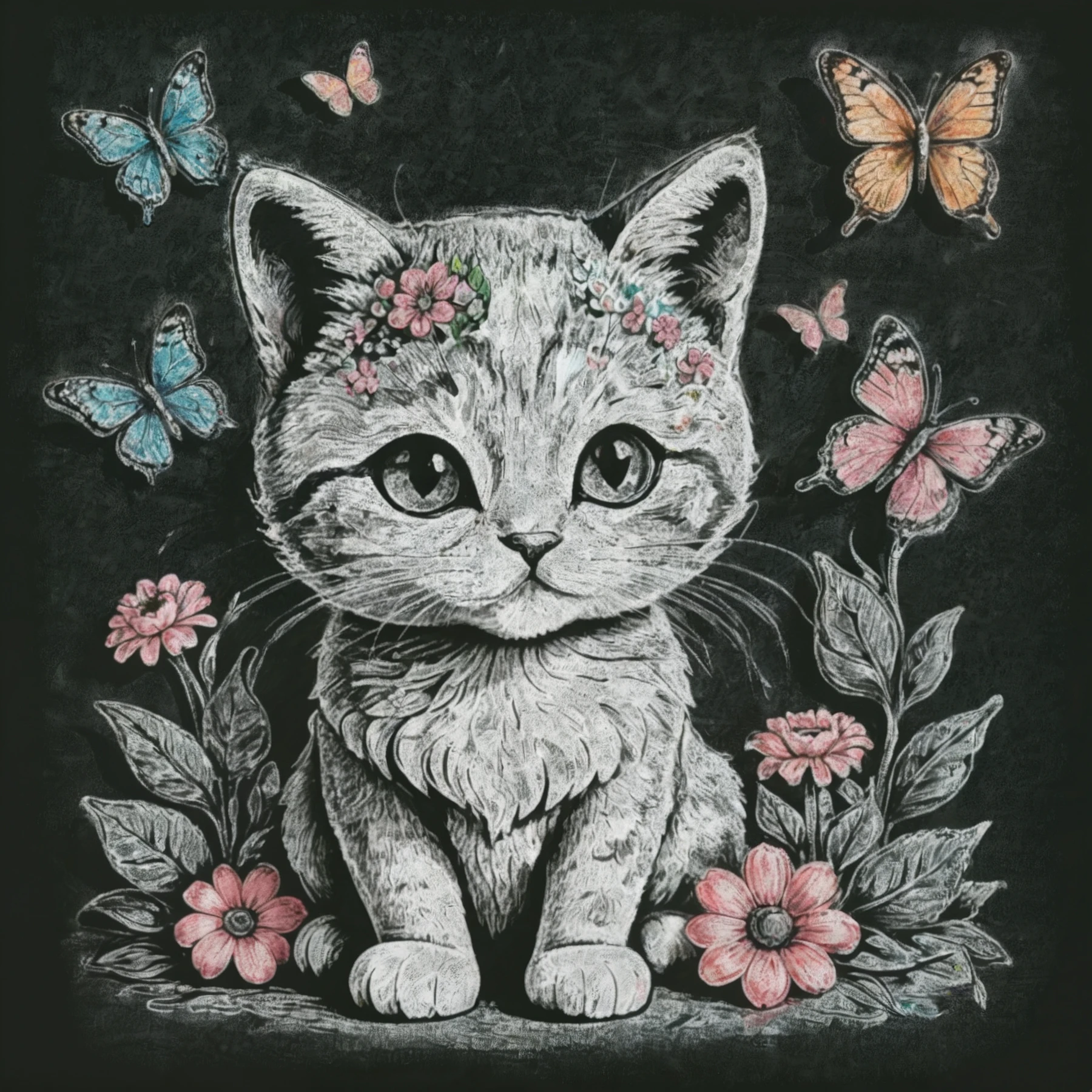 A cute monochrome chibi cat. Colorful butterflies. Colorful flowers. Colored chalk.

Chalkboard drawing.

<lora:Chalkboard01-03_CE_SDXL_64:0.9>