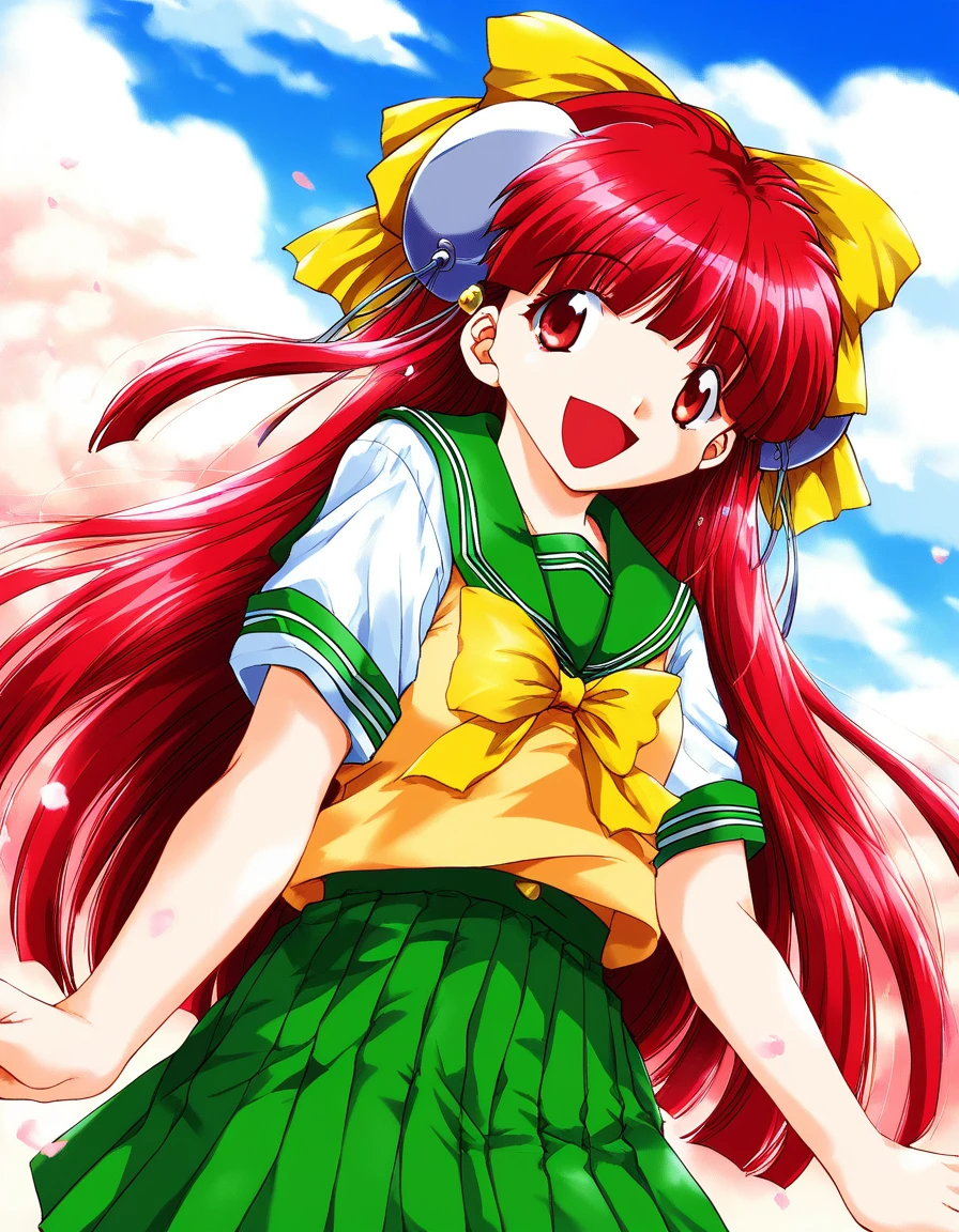 score_9, score_8_up, score_7_up, source_anime, rating_explicit, BREAK  <lora:Nanako_RISE_XL:1>ãNanako_RISE, long hair, red hair, red eyes,  bangs,  hair bow, headgear, yellow bow, solo,
Yellow school uniform, smile, open mouth, bow, hat, green skirt,  Yellow short sleeves, sailor collar,
outdoor, sky, school,