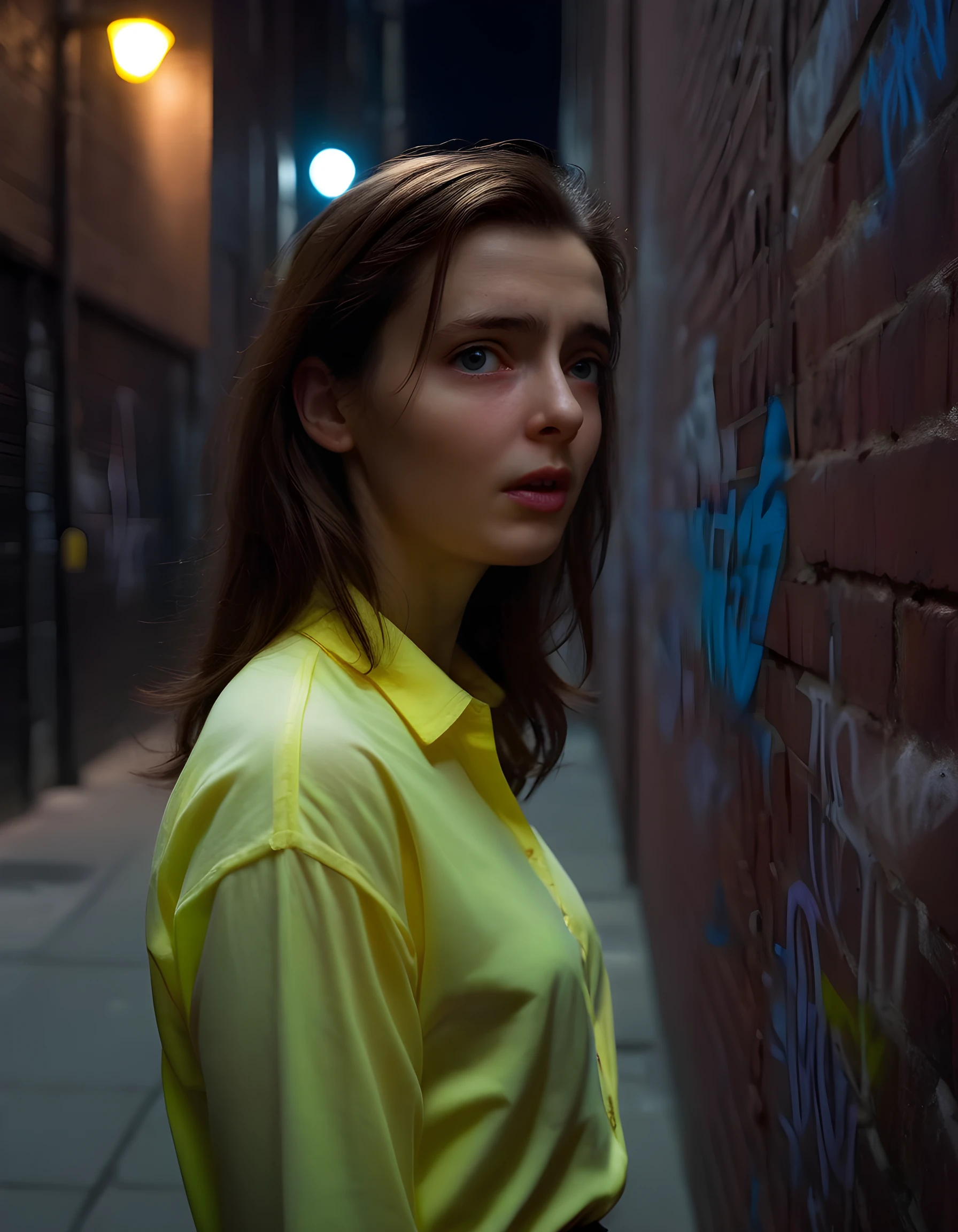 In a dimly lit, neo-noir alleyway, the woman L150L3T, with her distinctive mole and brown hair cascading down to her shoulders, poses defiantly, leaning against a worn, graffiti-covered brick wall. The soft, yellow glow of a single streetlight illuminates her face, emphasizing her sharp features, particularly her expressive eyes and full lips, which are subtly painted in the same vibrant neon hue as her name emblazoned across a simple white shirt that clings to her toned upper body. Her arms are crossed, exuding a sense of strength and resilience amidst the gritty urban setting, her gaze locked onto an unseen adversary beyond the frame, daring them to challenge her in this stark, solitary moment.