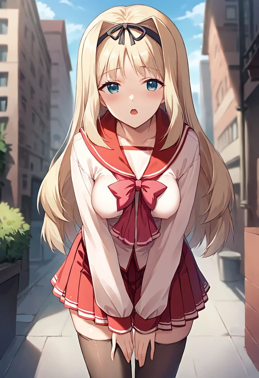 score_9, score_8_up, score_7_up, masterpiece, source_anime, 1girl, ct_sasa, long hair, medium breasts, blonde hair, black hairband, light pink serafuku, red sailor collar, neck ribbon, puffy long sleeves, red skirt, black thighhighs, outdoors, city, depth of field, looking at viewer, cowboy shot shiny skin, leaning forward, <lora:KusugawaSasara_Pony_ct:1>