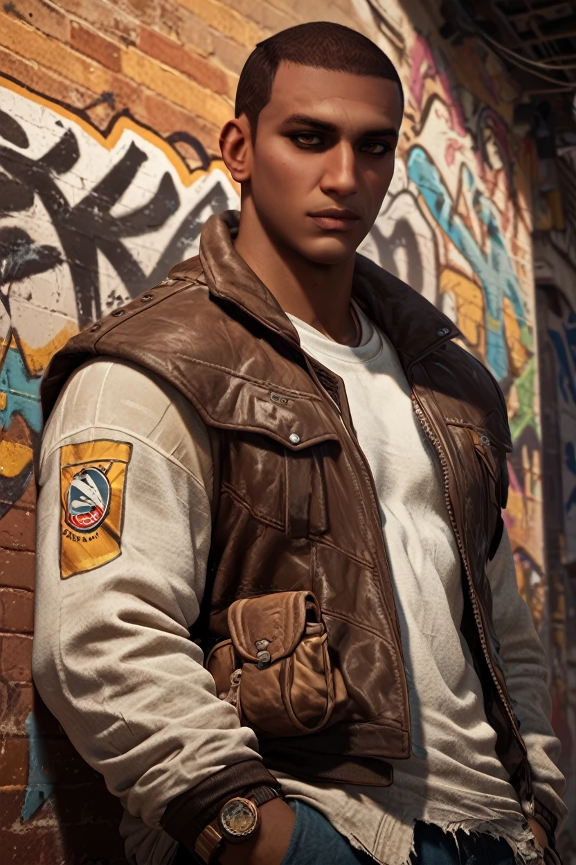 score_9, score_8_up, score_7_up, score_6_up
<lora:ACBayek:1.0>
ACBayek, 1boy, brown hair, brown eyes, buzz cut, looking at viewer, standing in front of a graffiti-covered wall in a gritty urban alley