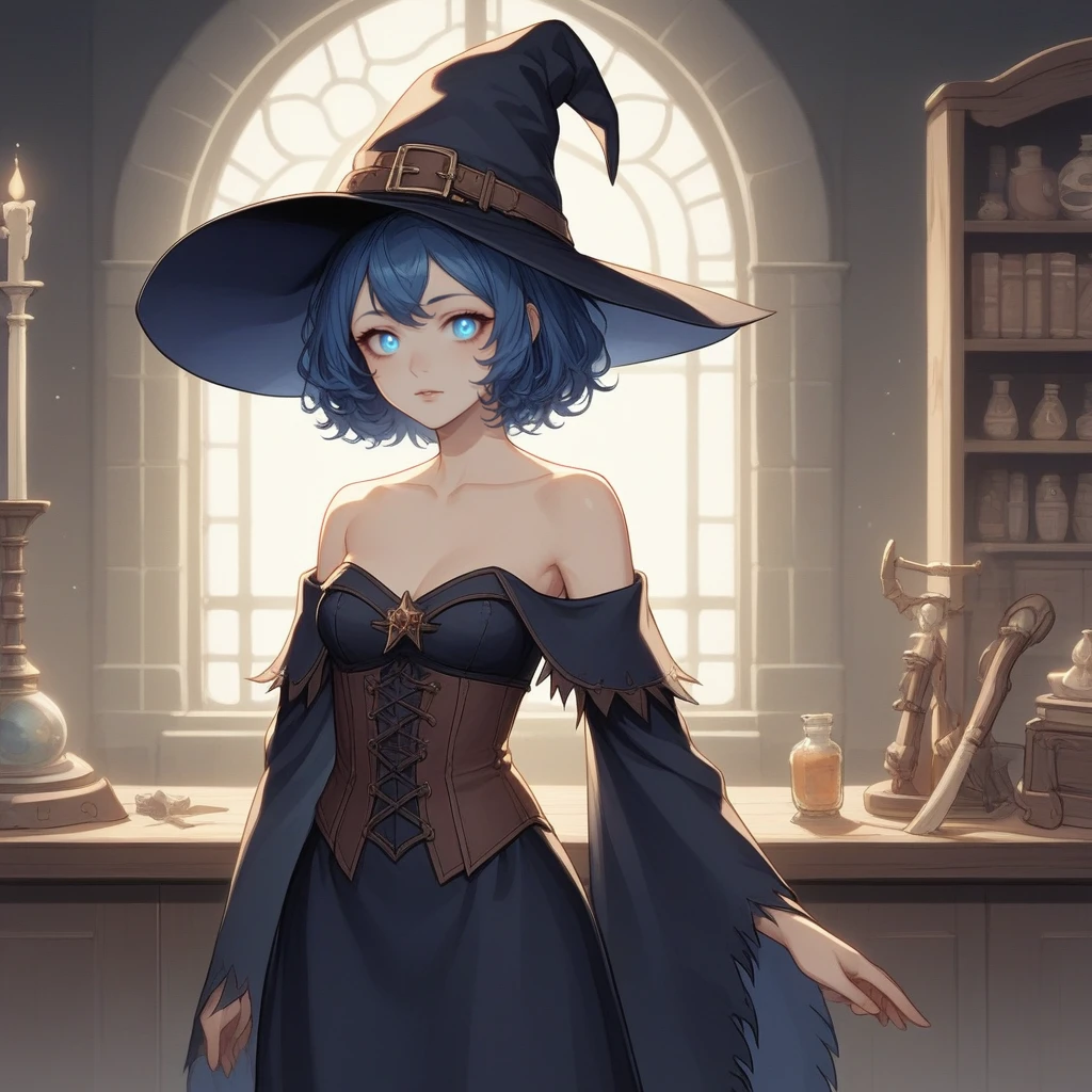 score_9, score_8_up, score_7_up, score_6_up, score_5_up, score_4_up, zPDXL2,source_anime,rating_questionable, 1girl, witch hat, strapless dress, short blue hair, shadowed eyes, solo, cowboy shot, <lora:Magic_Room:0.8> m4gicroom,  indoors, lavish, trinkets,