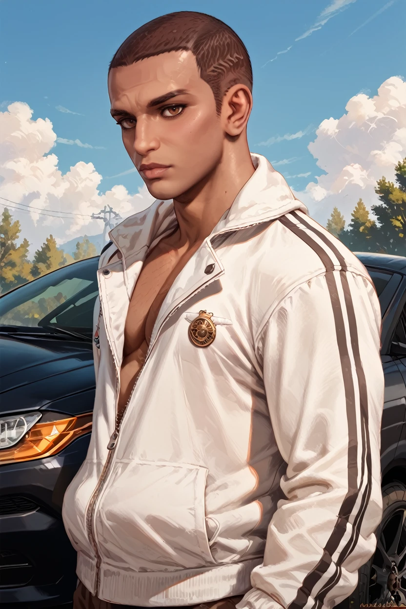 score_9, score_8_up, score_7_up, score_6_up
<lora:ACBayek:1.0>
ACBayek, 1boy, brown hair, brown eyes, buzz cut, looking at viewer, posing in front of a sleek sports car, with the engine revving and exhaust billowing