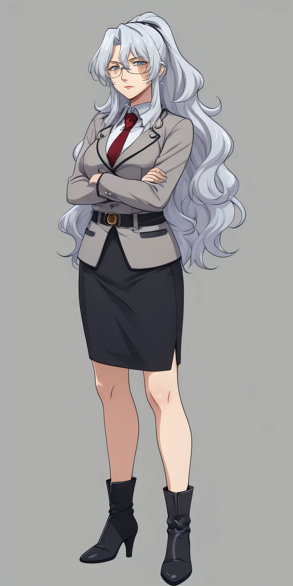 score_9, score_8_up, score_7_up, source_anime, rating_safe, intricate details, anime screencap, official style, 1girl, <lora:Chall_Acustica_00F:1>, acustica, grey hair, ponytail, long hair, wavy hair, hair between eyes, glasses, lazy eye, mature woman, gray military uniform, grey jacket, red necktie, belt, expressionless, looking at viewer, full body, black ankle highboots, black office skirt, thighs, simple background, lipstick, <lora:Burn_scar:1>, (burn scar), crossed arms