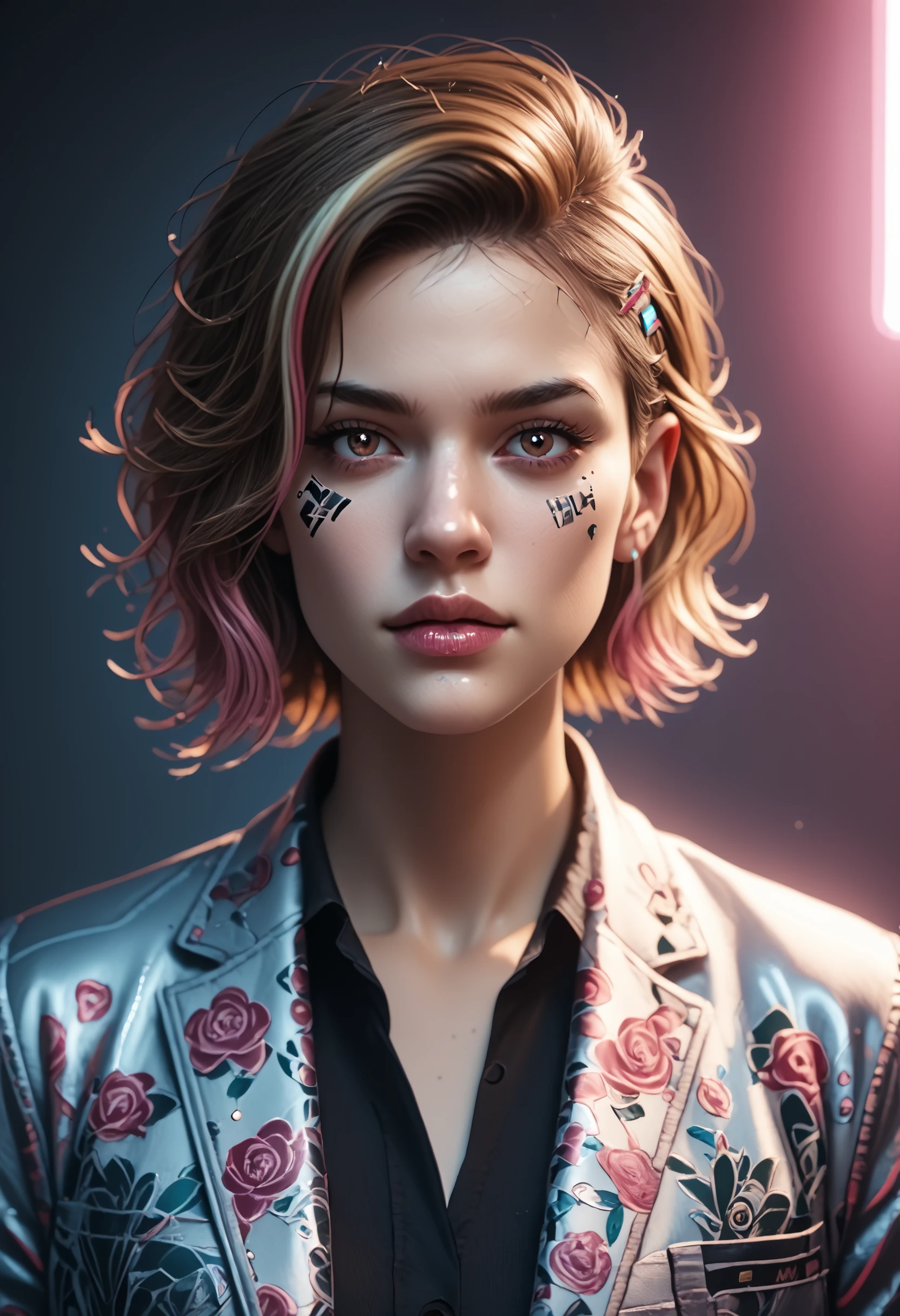 (realistic photo), BREAK cinematic, highly professional, high contrast, BREAK lo-fi, soft colors, synthwave punk style nvinkpunk , (symmetry:1.1), (portrait of floral:1.05), a photorealistic lithographic illustration of a woman as a beautiful goddess, (assassins creed style:0.8), pink and gold and opal color scheme, beautiful intricate filegrid facepaint, intricate, elegant, highly detailed, digital painting, artstation, concept art, smooth, sharp focus, illustration, art by greg rutkowski and alphonse mucha, 8k, cyberpunk, synthwave theme, zoom out, depth of field, cinematic lighting, masterpiece, best quality, parted lips, honey brown eyes, short hair, solo, teeth, two-tone hair, upper body, portrait, gradient overlay, lo-fidelity, chromatic abberation, film grain, masterwork portrait , specular highlights, side lighting, studio lighting, extreme light and shadow, cinematic lighting, natural lighting, BREAK PonyXLV6_Scores