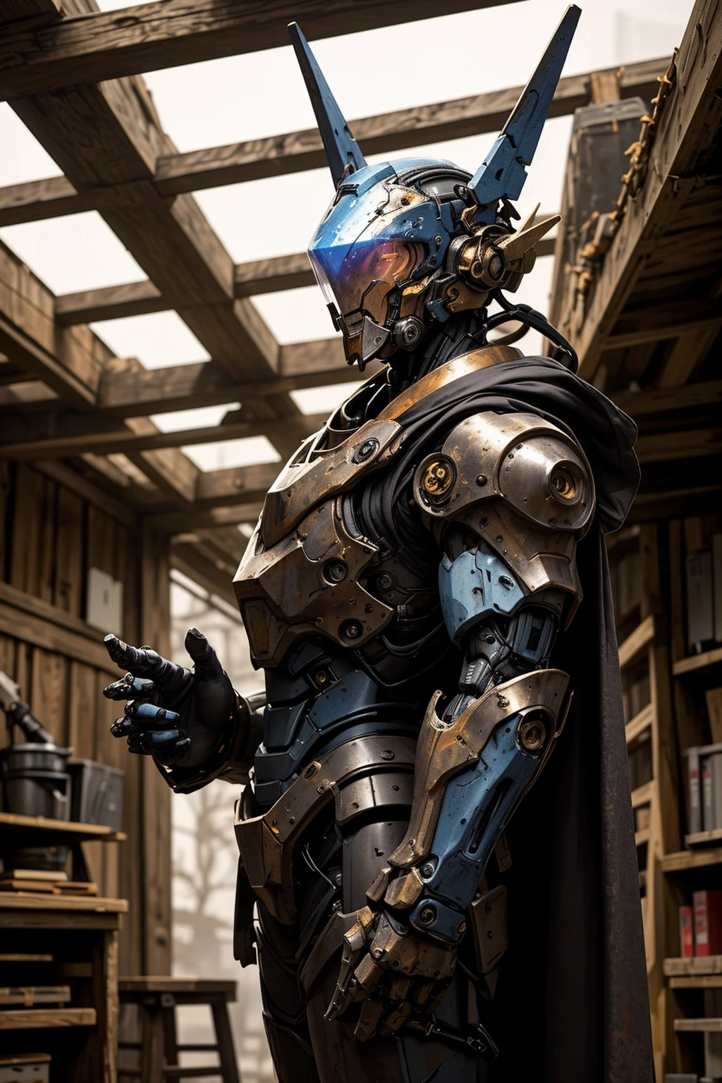 mecha, solo, magician, futuristic armored warrior with matte and rusted golden and black plating, and a grey cape, realistic, (glowing blue visor), middle shot BREAK rustic wooden structure, with beams and planks in the background <lora:General-Design\add_detail:0.7>