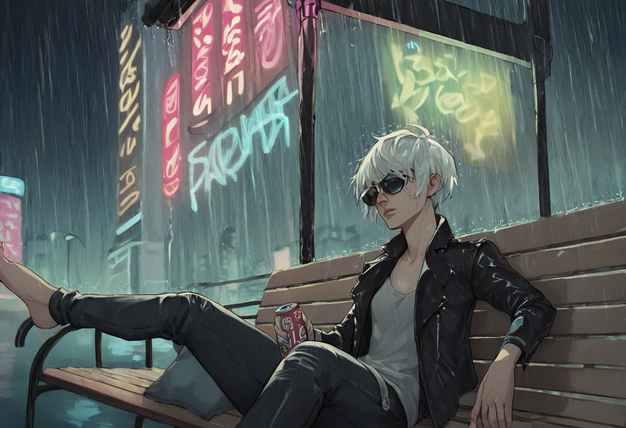 line art, water color painting, traditional media, score_9, score_8_up, score_7_up, score_6_up,  zoe-baker, white hair, black hair, blue eyes, open clothes, pants, open jacket, black jacket, lips, night, sunglasses, denim, rain, can, bench, leather, cyborg, prosthesis, leather jacket, cyberpunk, vending machine, neon lights, sensitive