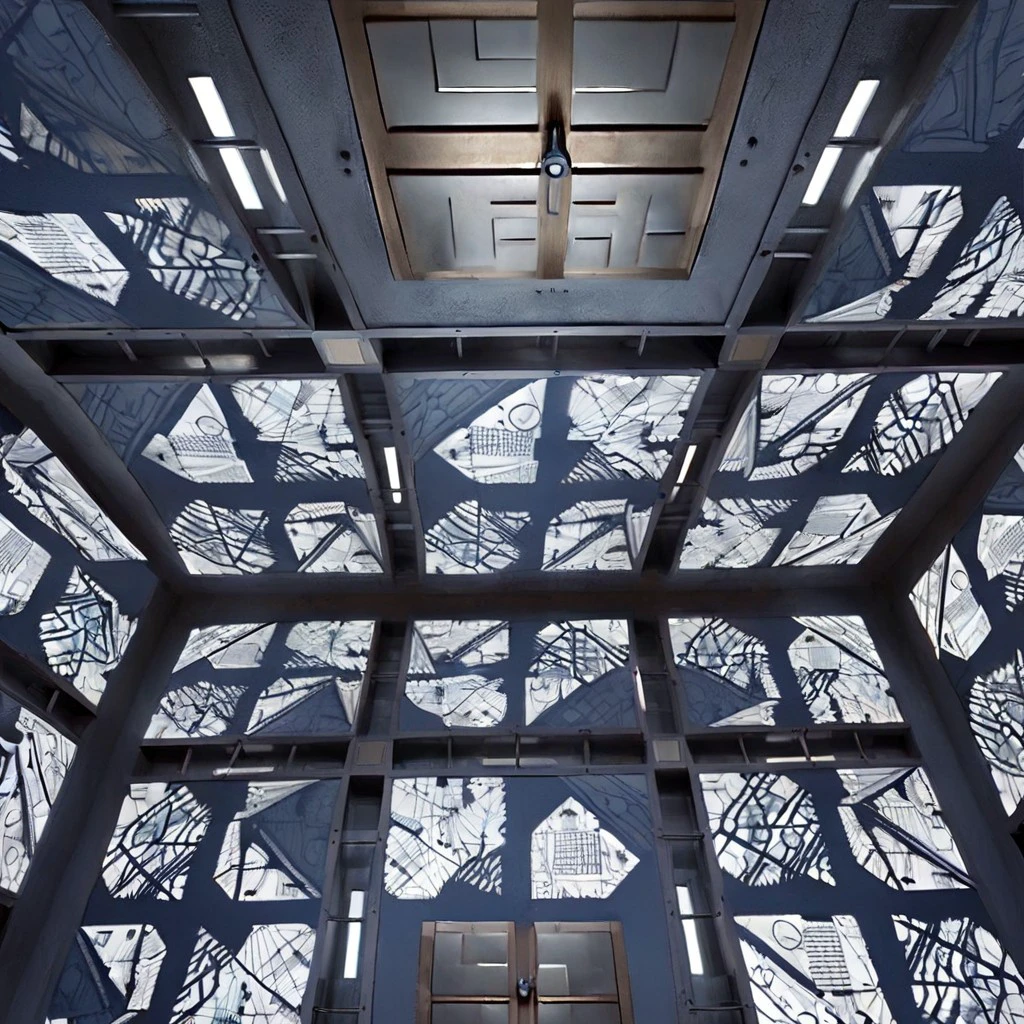 "Generate a highly detailed, sci-fi inspired image of an intricate, futuristic big room. The room should be a cubic space with walls, floor, and ceiling all composed of interconnected panels displaying complex, monochromatic geometric patterns. The patterns should resemble a mix of circuit-like designs and abstract, maze-like structures, creating a sense of technological sophistication. The room's lighting should be low and diffuse, casting subtle shadows that accentuate the depth and complexity of the patterns. In the background, include a small, dark passageway that adds an element of mystery and intrigue to the scene. The overall atmosphere should evoke a sense of being inside a high-tech, futuristic labyrinth or control center, with an emphasis on symmetry and the stark contrast between light and shadow."