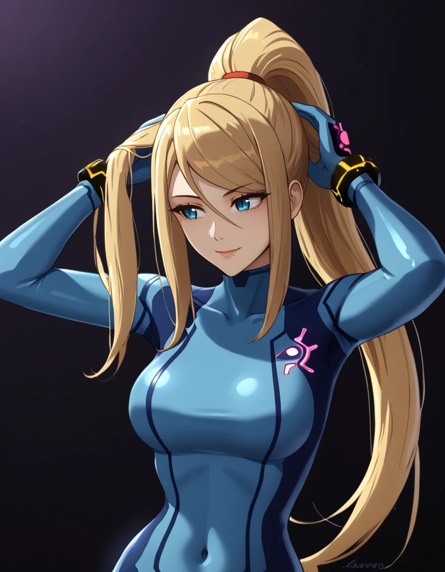 <lora:samus aran:1>,samus aran, zero suit, solo 1 girl, smile, hands in hair, looking away, dark background, ponytail