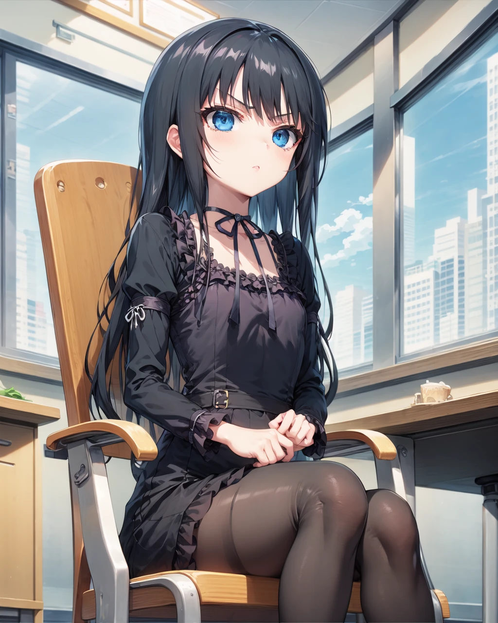 indoor,school,office_chair,armchair,window_,office BREAK
natsuki_minamiya,1girl,solo,long hair,blue eyes,black hair,very long hair,
dress,choker,frills,black dress,long sleeves,ribbon choker,neck ribbon,black pantyhose,frills,
sitting_on_chair,serious,<lora:Natsuki_Minamiya(Strike The Blood)>,