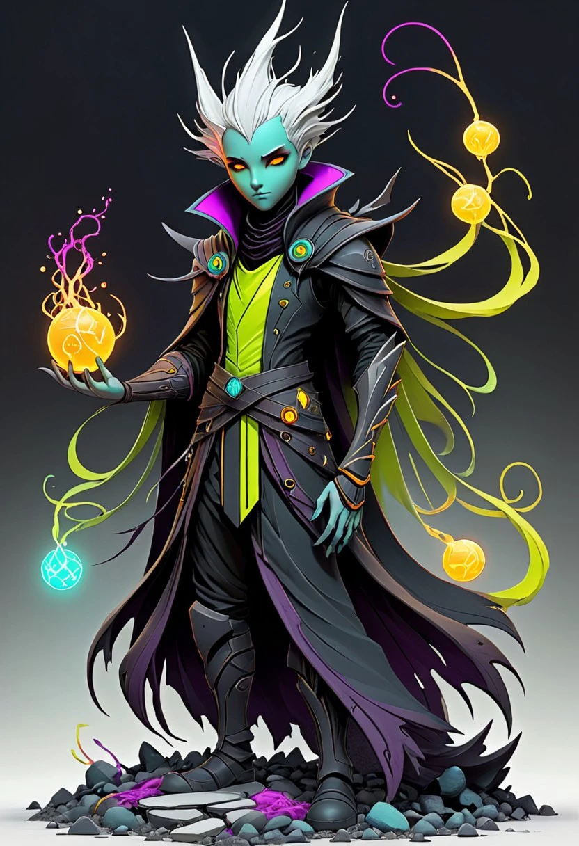 artmdfstff2, warlock, character concept, black linework, white background, neon's and pastels, fantasy setting, world building, dark fantasy, organic, made of stuff, construct