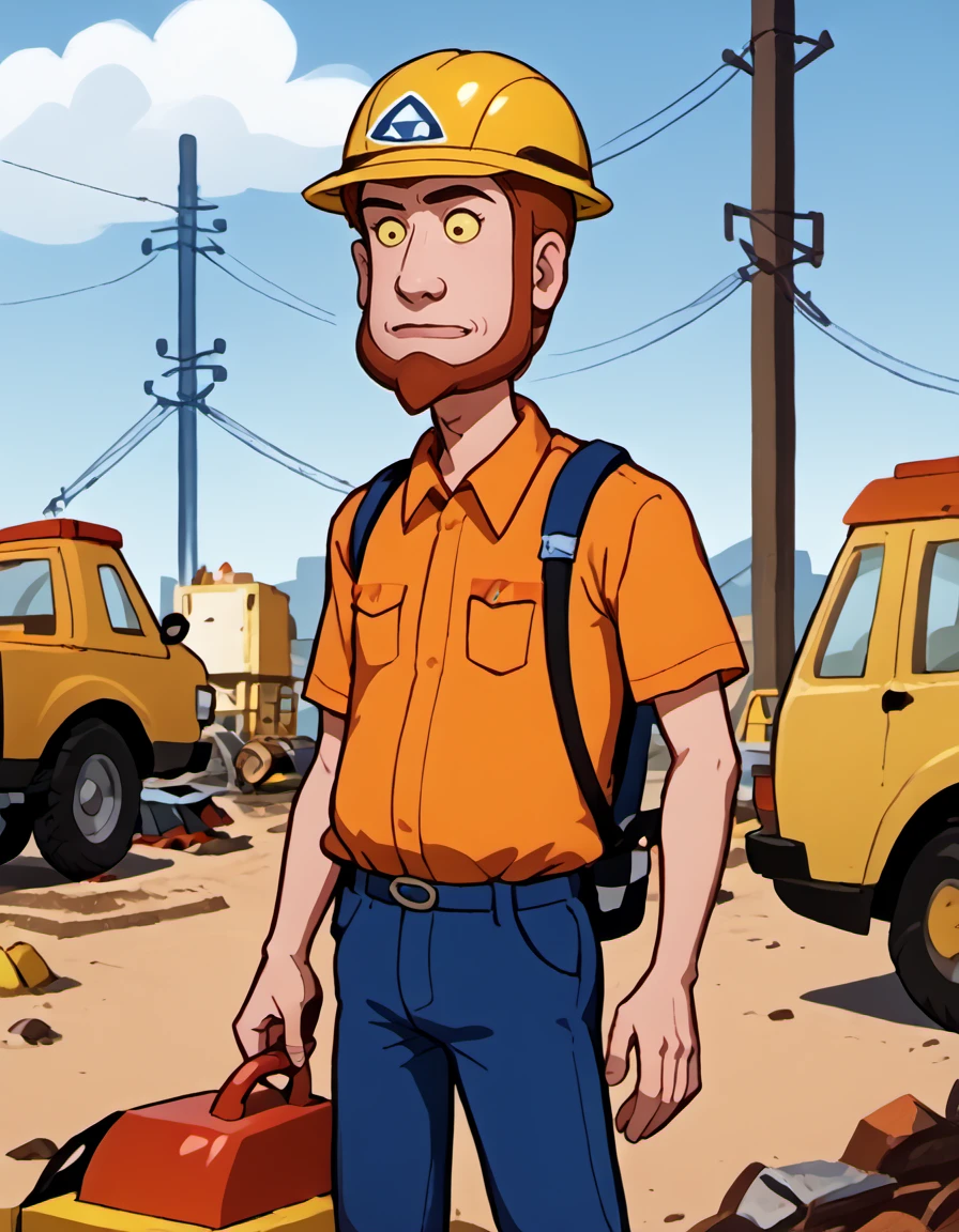 <lora:Jim_Kuback_-_Mission_Hill:1.0> mh_jim, 1boy, unibrow, red_hair, red_beard, yellow sclera, construction worker, hard hat, ppe, personal protective equipment, source_cartoon, score_9, score_8_up, score_7_up,