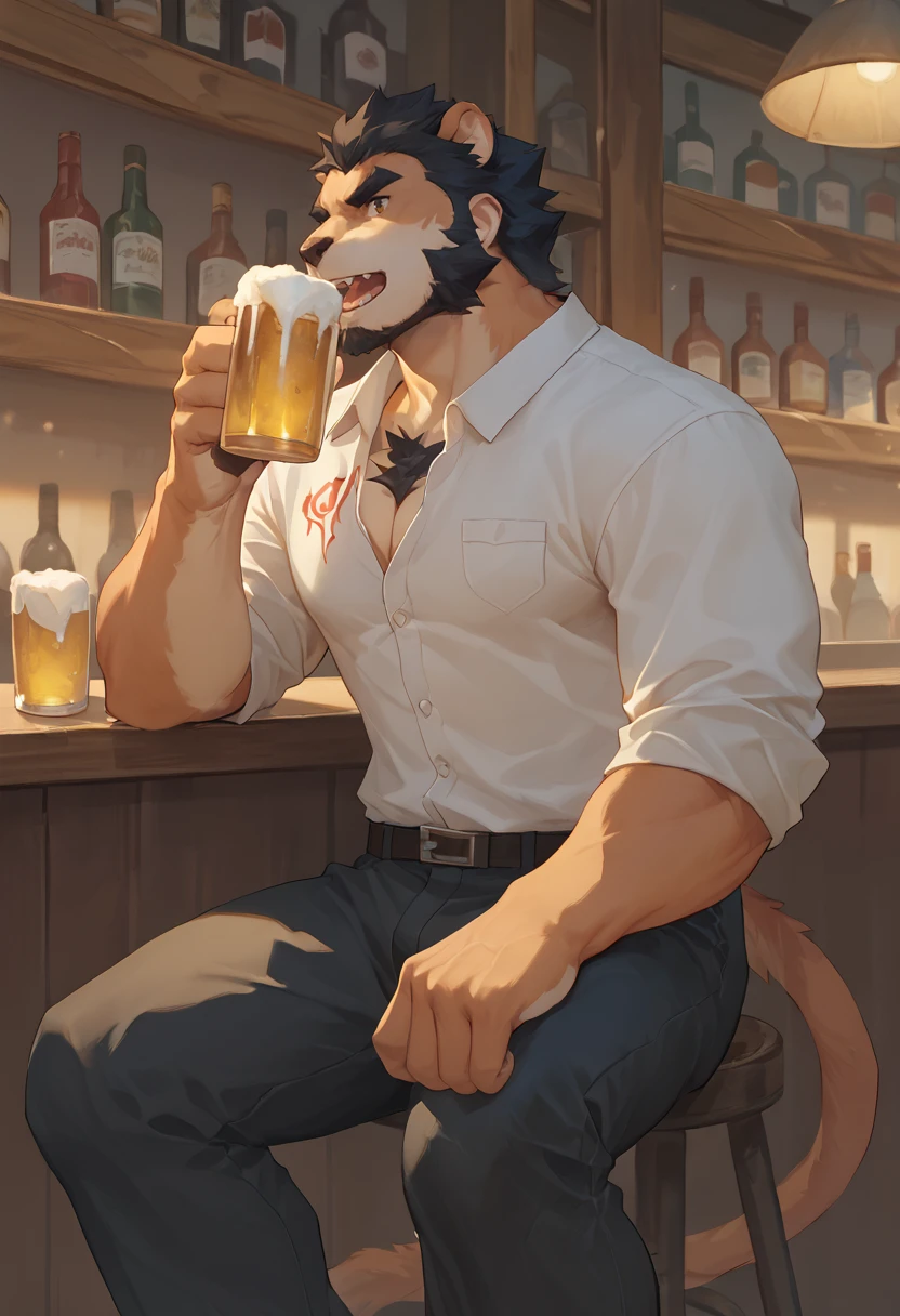 score_9, score_8_up, score_7_up,  detailed, <lora:Alcander_furry:0.8>,alcanderlion, bara, solo male, tail, medium shot, casual shirt, black pants, sitting at the bar, open mouth, drinking beer,