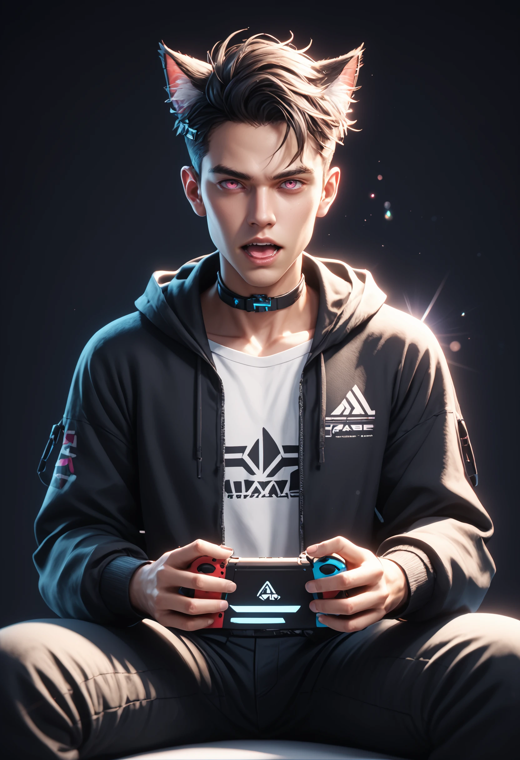 1boy, black hair, black jacket, black pants, solo focus, can, choker, collar, cat boy, cat ears, animal ears, animal ear fluff, collarbone, colored tongue, hair between eyes, hair ornament, hairclip, handheld game console, holding, holding controller, hood, hood up, hooded jacket, hoodie, jacket, long sleeves, looking at viewer, male focus, nail polish, nintendo switch, open mouth, pants, pink eyes, shirt, short hair, simple background, sitting, solo, white background, white shirt, (fantasy), (lens flare, prismatic), Unreal Engine 5, cyberpunk, cinematic photography, dark background, rembrandt lighting, professional photography, detailed face, perfect anatomy, ultrasharp, desktop wallpaper, octane render, futuristic, neon theme, 3d render, PonyXLV6_Scores