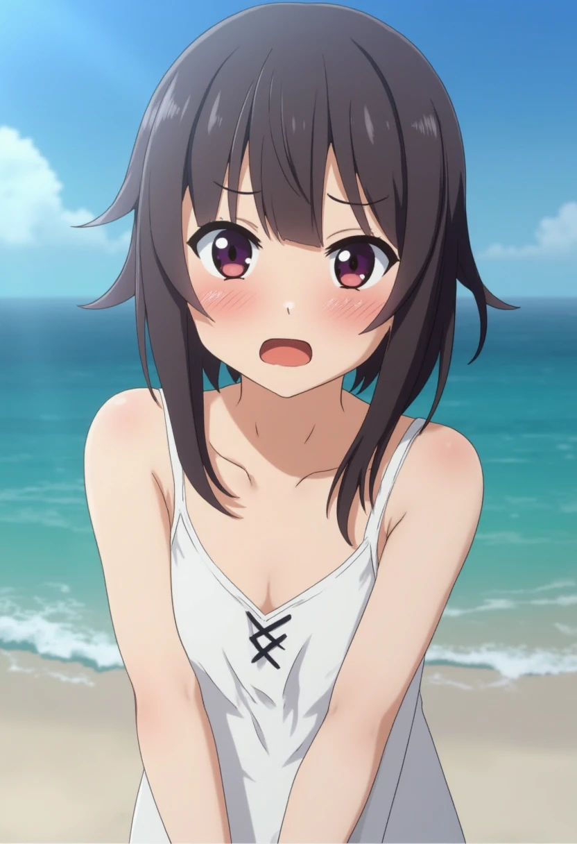 still frame from a high quality japanese anime from 2021, megumin dressed in a white camisole dress she is looking at the camera mouth opened, beach out doors, 4k, intricate details,