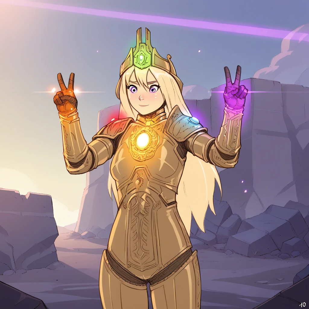 score_8_up, BREAK, source_comic, infinitygauntlet, 1girl, solo, blonde hair, long hair, purple eyes, armor, cowboy shot, double v,  <lora:InfinityGauntlet_PXL_Leaf1:0.8>, outdoors, light particles, glowing,