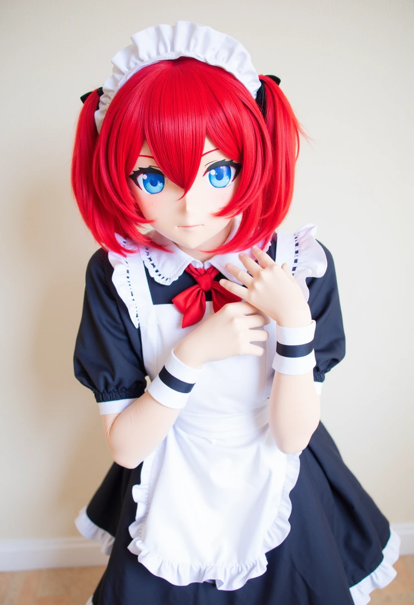 cosplay photo, animegao, 1girl, solo, maid uniform, blue eyes, red hair 