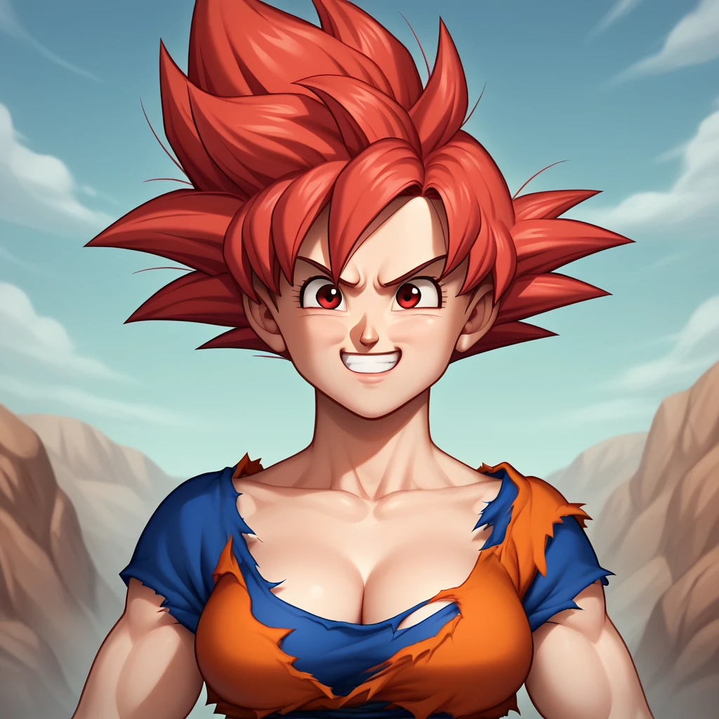 score_9_up, score_8_up, BREAK, goki, 1girl, solo, red hair, spiked hair, red eyes, dougi, torn clothes, SSG, red aura , smile, upper body, outdoors,  <lora:Female_Goku_Goki_PXL_Leaf1:1>, glowing,