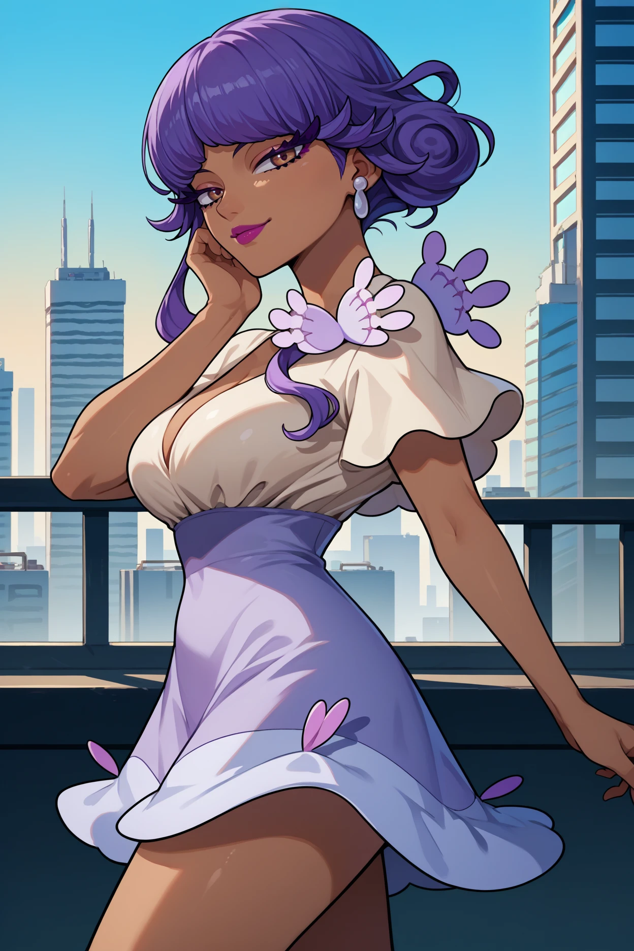 score_9, score_8_up, score_7_up, score_6_up, source_anime, 1girl, solo, <lora:pkmntulip-pdxl-nvwls-v1-000005:1> pmTlp, dark-skinned female, purple hair, wavy hair, medium hair, eyelashes, earrings, lipstick, cleavage, multicolored dress, purple dress, short sleeves, big breasts, from side, hand up, smug, looking at you, blue sky, city skyline, thighs