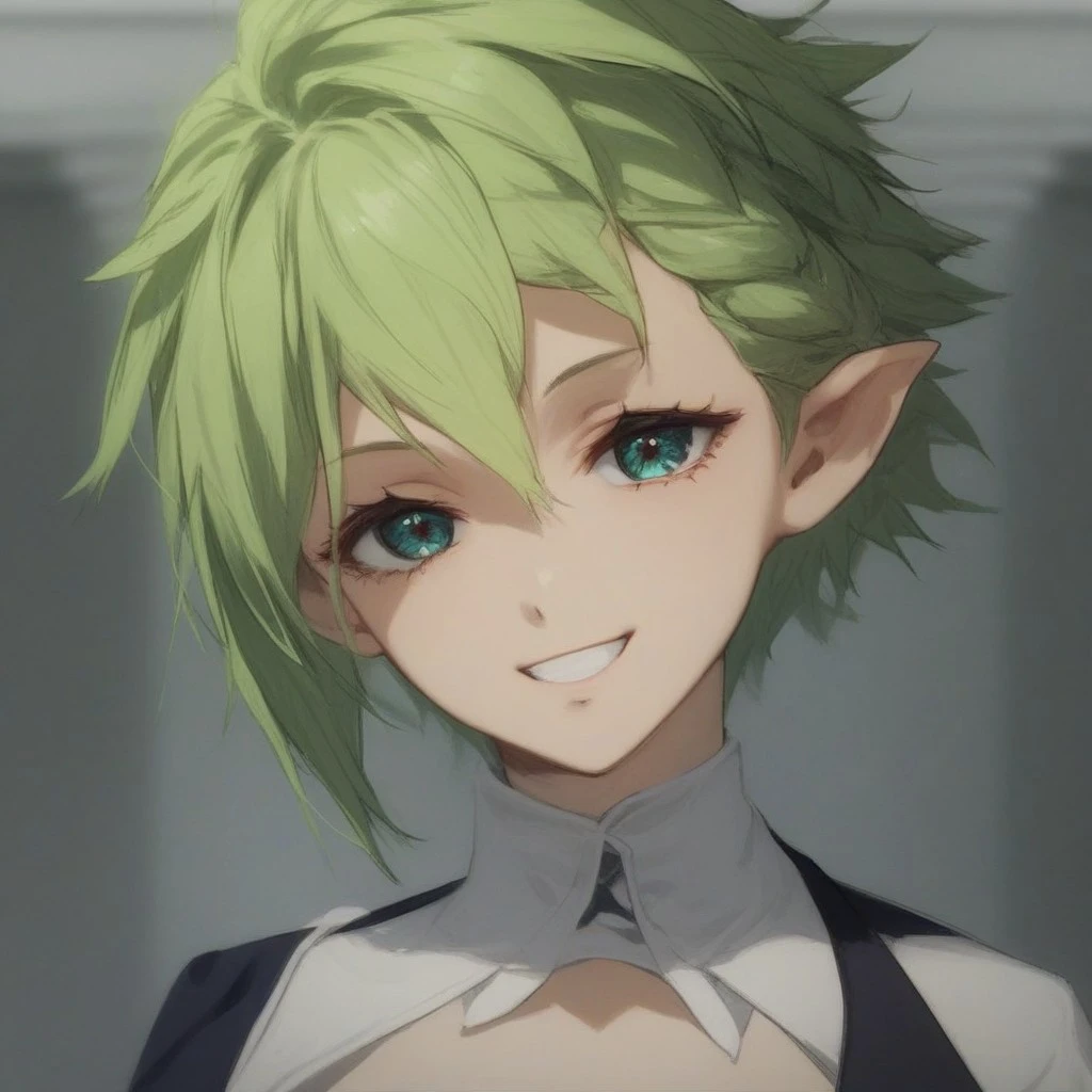 (score_9, score_8_up, score_7_up), source_anime, 4k resolution, highest quality, curvy body, beautiful, (detailed face. expressive eyes), Expressiveh,
1girl, green hair, short hair, french braid, braid on left head side, messy, choppy bangs, layered hair, tousled hair, turquoise eyes, small breasts,
face focus, upper body, happy, smile, looking at viewer,
, front  view, xpressiveh