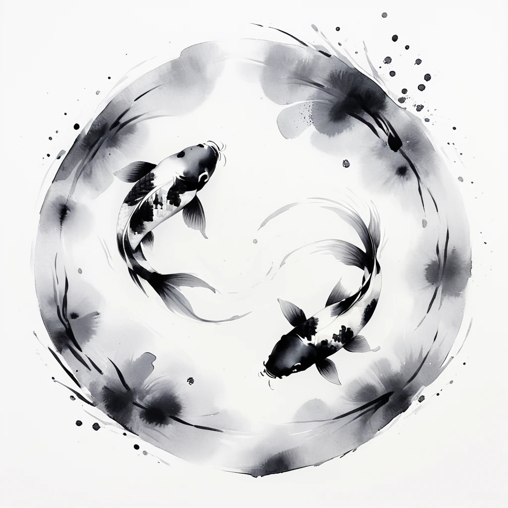 <lora:Zen_Ink_Wash_Sumi-eSDXL:1> ArsMJStyle, Zen Ink Wash Sumi-e, A pair of koi fish swimming in a circle, monochrome, greyscale, minimal detail, white background, no humans, traditional media, ink, solo, nature, aquatic.