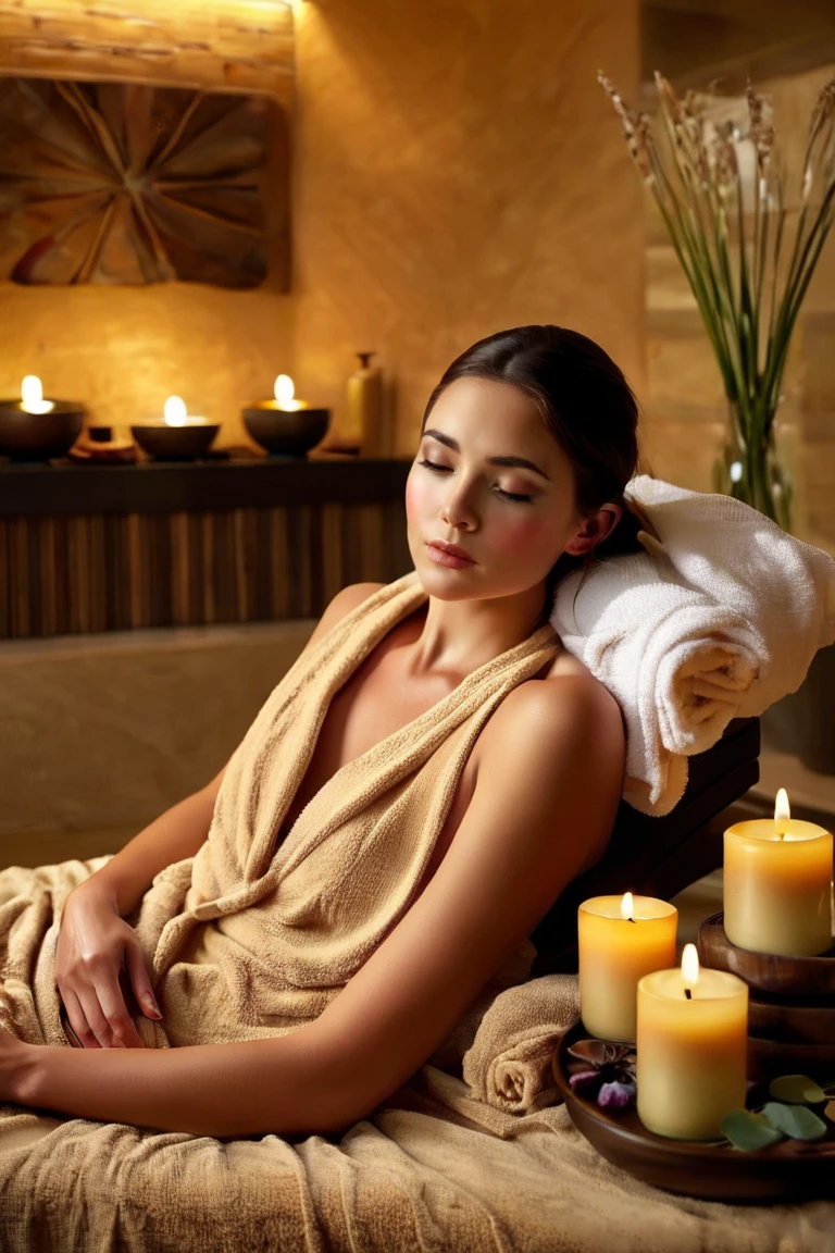 A serene woman in her mid-30s, eyes closed, with a contented expression, reclining on a spa bed. She has a soft towel wrapped around her, and there are scented candles and essential oils placed nearby. Medium: Photorealistic hyper-realism. Style: Evocative of the tranquility seen in luxury spa advertisements. Lighting: Soft, ambient lighting with a warm glow from the candles. Colors: Earthy tones with hints of lavender and teal. Composition: Shot with a Canon EOS 5D Mark IV DSLR camera, EF 85mm f/1.8 lens, Resolution 30.4 megapixels, ISO sensitivity: 100, Shutter speed 1/125 second, with a focus on the woman's face, capturing the essence of relaxation., realistic,