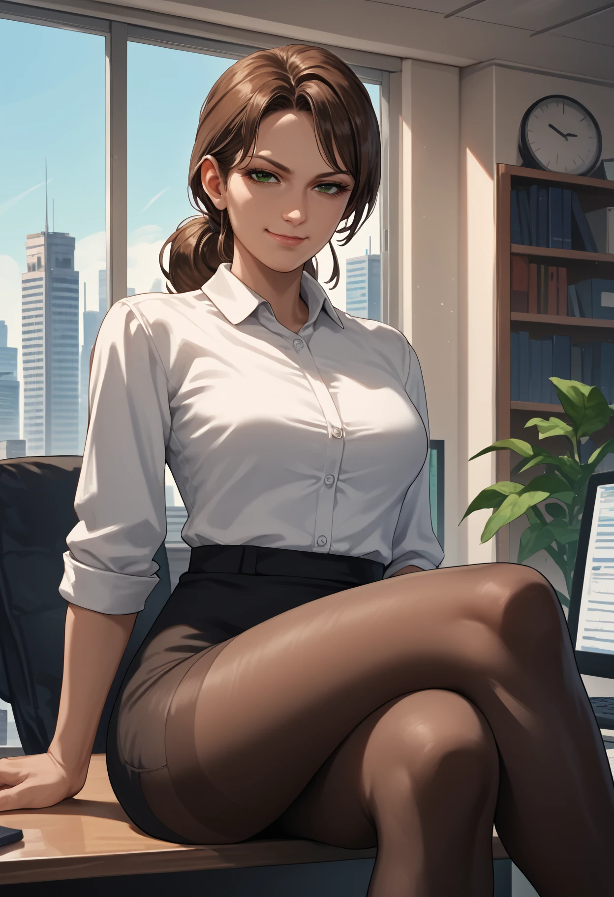 score_9, score_8_up,score_7_up, source_anime, 1girl, solo, <lora:MGSVsnpqt_pdxl_EliPot:1>, mgsnp,  long hair, brown hair, green eyes, mature female,
 office lady, black pantyhose looking at viewer, smug, toned, sitting, crossed legs, sitting on table, indoors, office, window, cityscape,