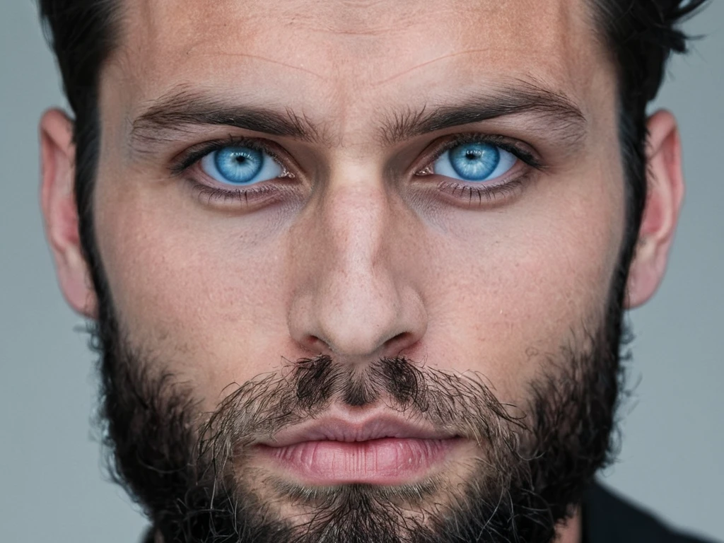 An up-close face shot of a male model with piercing blue eyes, defined cheekbones, and a neatly trimmed beard. His lips are a natural shade, and his jet-black hair is styled with a slight wave. A soft-focus gray background.