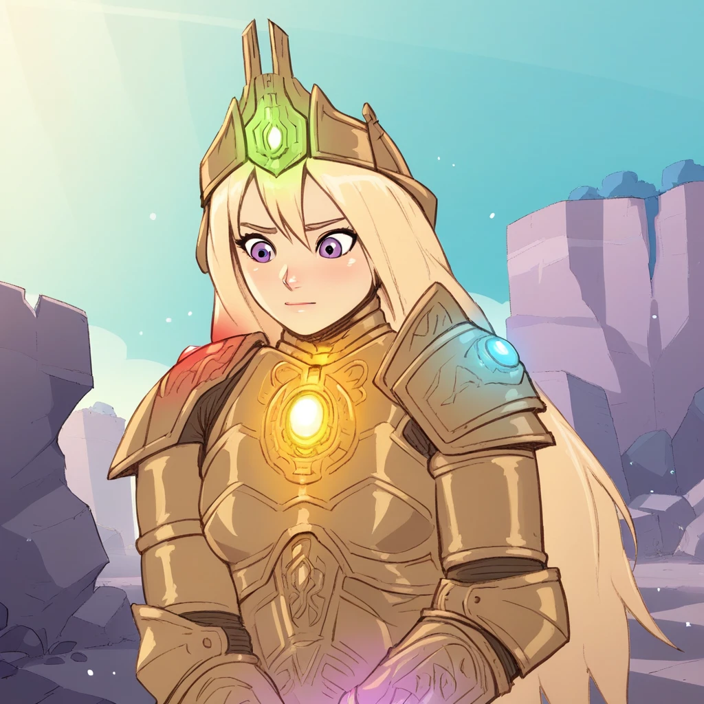 score_8_up, BREAK, source_comic, infinitygauntlet, 1girl, solo, blonde hair, long hair, purple eyes, armor, upper body,  <lora:InfinityGauntlet_PXL_Leaf1:0.8>, outdoors, light particles, glowing,