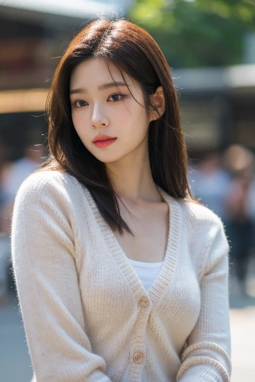 masterpiece, best quality, ultra-detailed, ultra high res, (photorealistic:1.4), raw photo, (realistic:0.2), 8k HDR, realistic lighting, looking at viewer, 1girl, solo, asymmetrical hair, outdoor, (traditional market:1.2), (day), bokeh, (detailed lips), (detailed pores), (detailed skin textures), (detailed face:1.2), (body:1.2), a woman in a cardigan, cowboy shot,