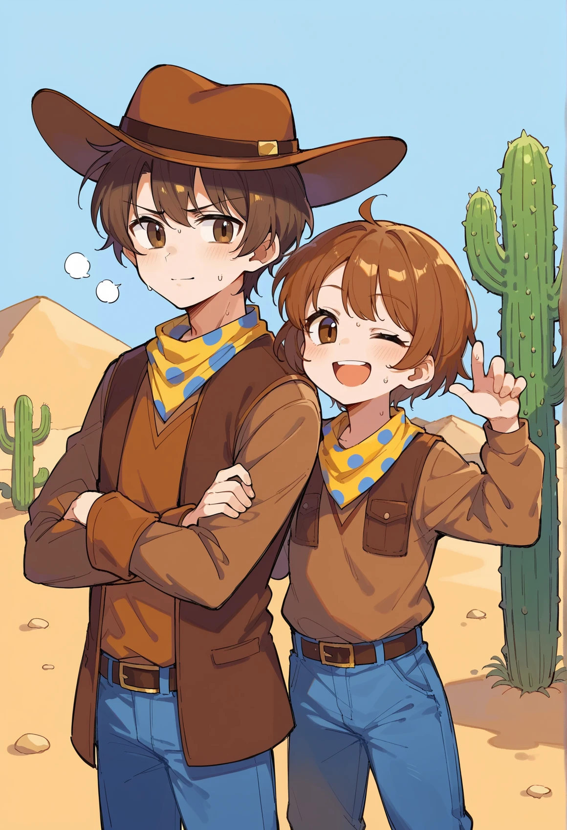 1girl, 1boy, outdoors, desert, cactus, sweat, 1boy, serious, crossed arms, brown hair, short hair, brown eyes, cowboy hat, Bandana Around Neck, polka dot, brown shirt, long sleeves, vest, belt, jeans
BREAK
1girl, 1boy, outdoors, desert, cactus, sweat, 1girl, smile, wink, brown hair, short hair, brown eyes, cowboy hat, Bandana Around Neck, polka dot, brown shirt, long sleeves, vest, belt, jeans 
 <lora:Clover_Undertale:1>, score_9, score_8_up, score_7_up, score_6_up, score_5_up, score_4_up, BREAK source_anime, masterpiece