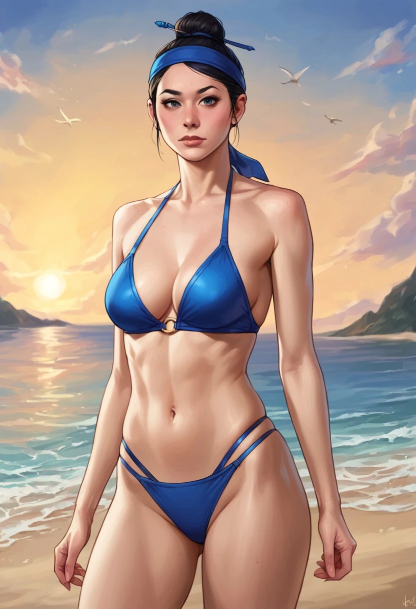 Score_9_up, score_8_up, score_7_up, score_6_up, source_realistic, BREAK 1girl, Kitmk11, black hair, hair bun, blue headband, medium breasts, blue bikini, beach,