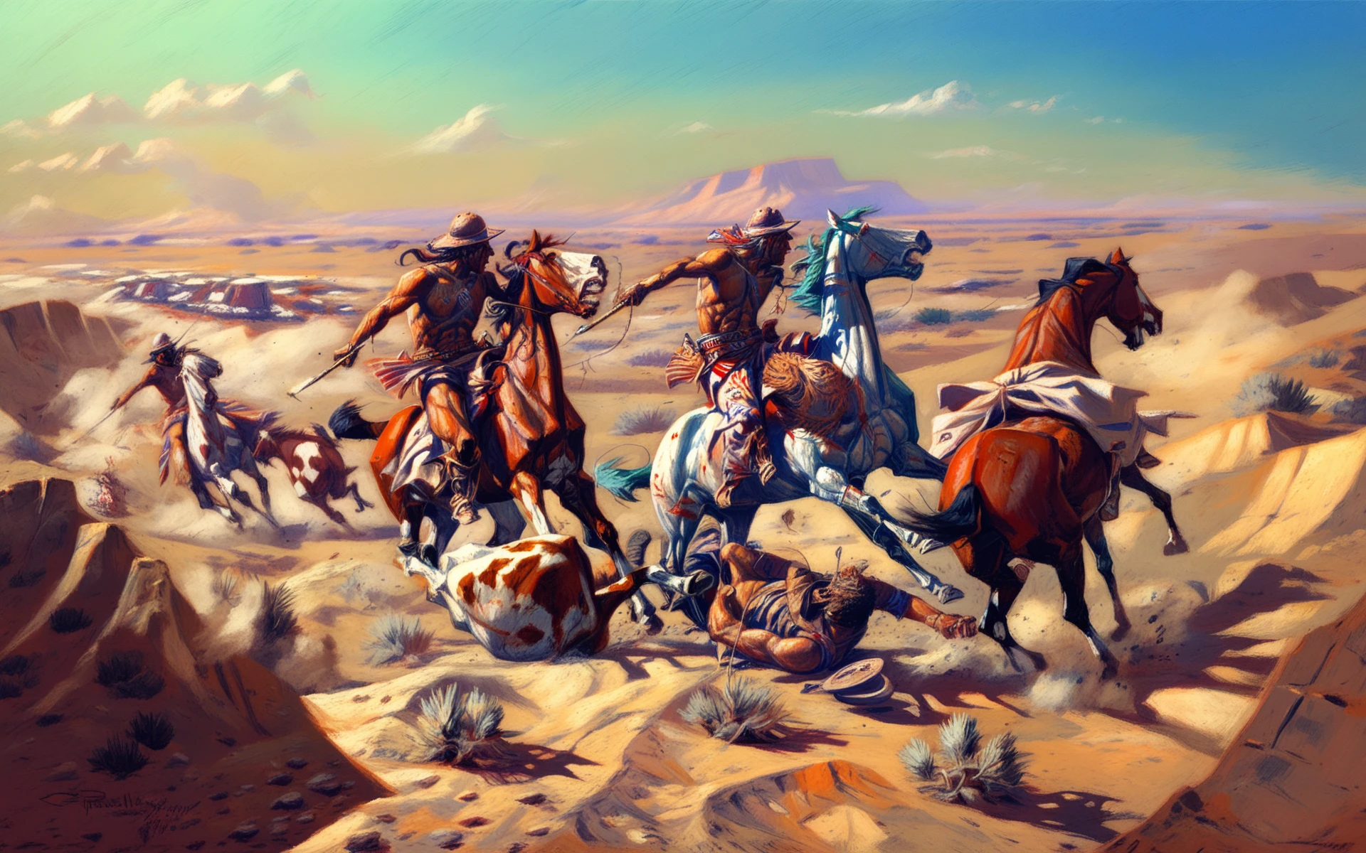 <lora:charles-marion-russel_pony_v6:1> 'American Old West' by russell charles marion in 1902, battle painting \(genre\), romanticism \(style\)  3boys, riding, horse, desert, horseback riding, army, sensitive, score_9, score_6_up, score_7_up