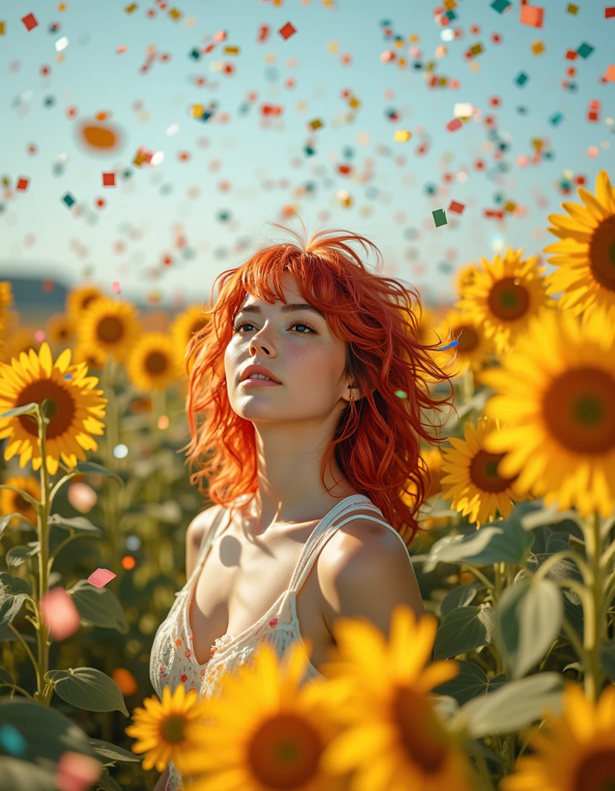 A woman with bright red hair stands in the middle of a vibrant field filled with daisies and towering sunflowers. Her striking hair contrasts beautifully with the golden hues of the flowers around her. As she gazes upward, colorful confetti surrounds her, filling the air and cascading down like a joyful rain from the sky. The scene is filled with a sense of celebration and wonder, as the falling confetti adds a playful, festive atmosphere to the serene and natural setting. The womanâs expression is one of awe and happiness, as she stands amidst the lively explosion of color and nature. <lora:SpaceOperetta:1>