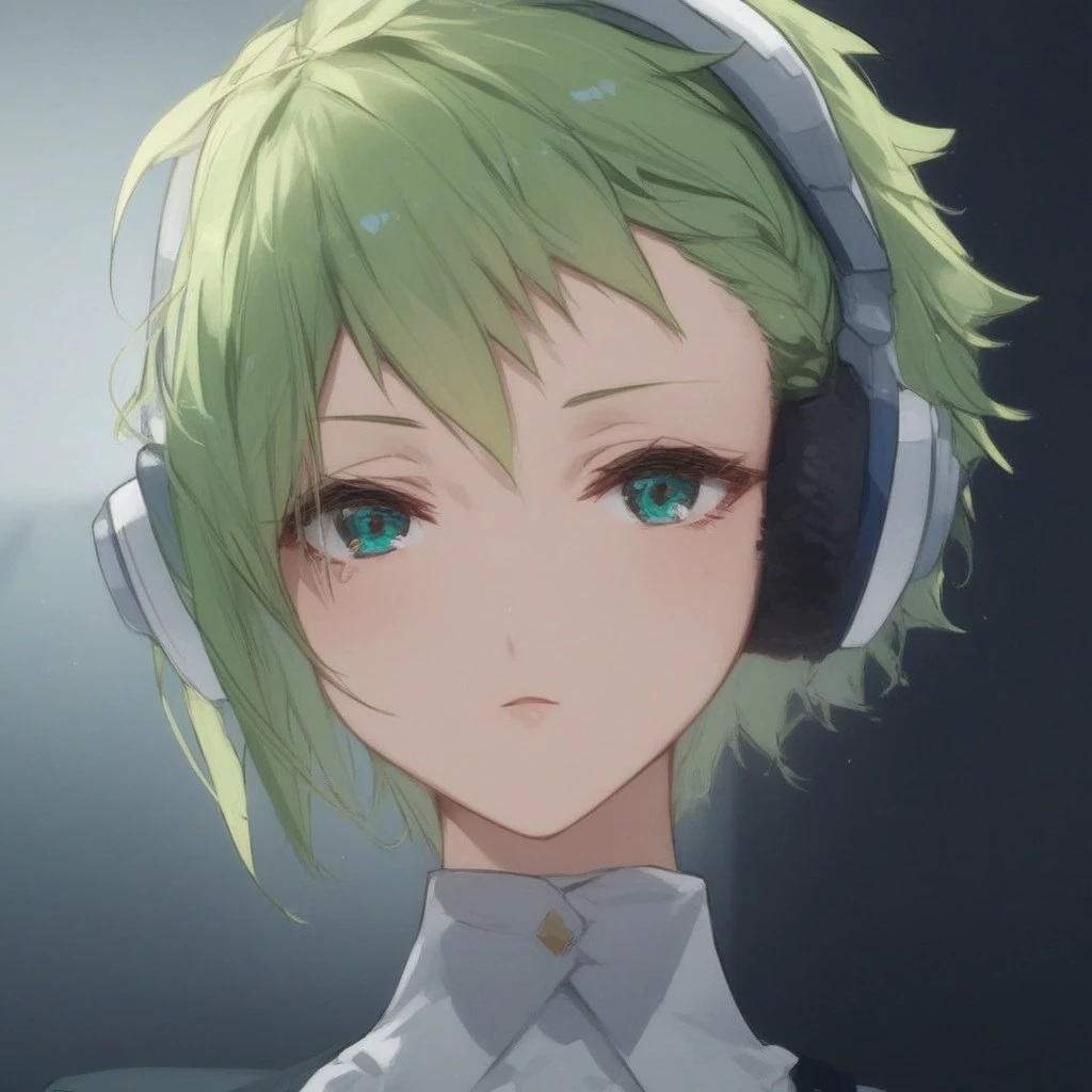 (score_9, score_8_up, score_7_up), source_anime, 4k resolution, highest quality, curvy body, beautiful, (detailed face. expressive eyes), Expressiveh,
1girl, green hair, short hair, french braid, braid on left head side, messy, choppy bangs, layered hair, tousled hair, turquoise eyes, small breasts,
wearing headphones, white headphones, grey accents,  light blue teardrop design on earcups, yellow triangle above teardrop, small red triangle under yellow triangle, dark blue ear cushions,
face focus, upper body, looking at viewer, 
, front view, three-quarter view, low angle, neutral, dead inside, neutral expression, relaxed, chill, xpressiveh