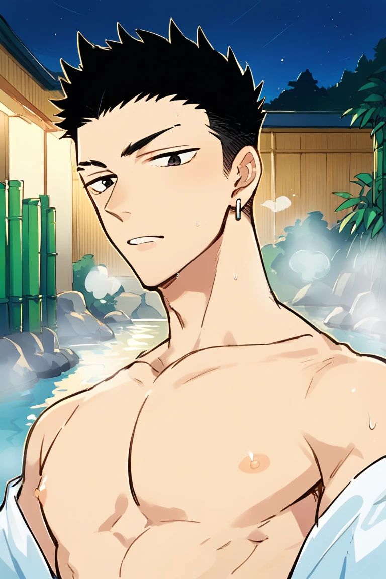 nsfw,glamorous, flushed face,blush,in the hot spring,looking at viewer, standing,towel,((surround many boys))