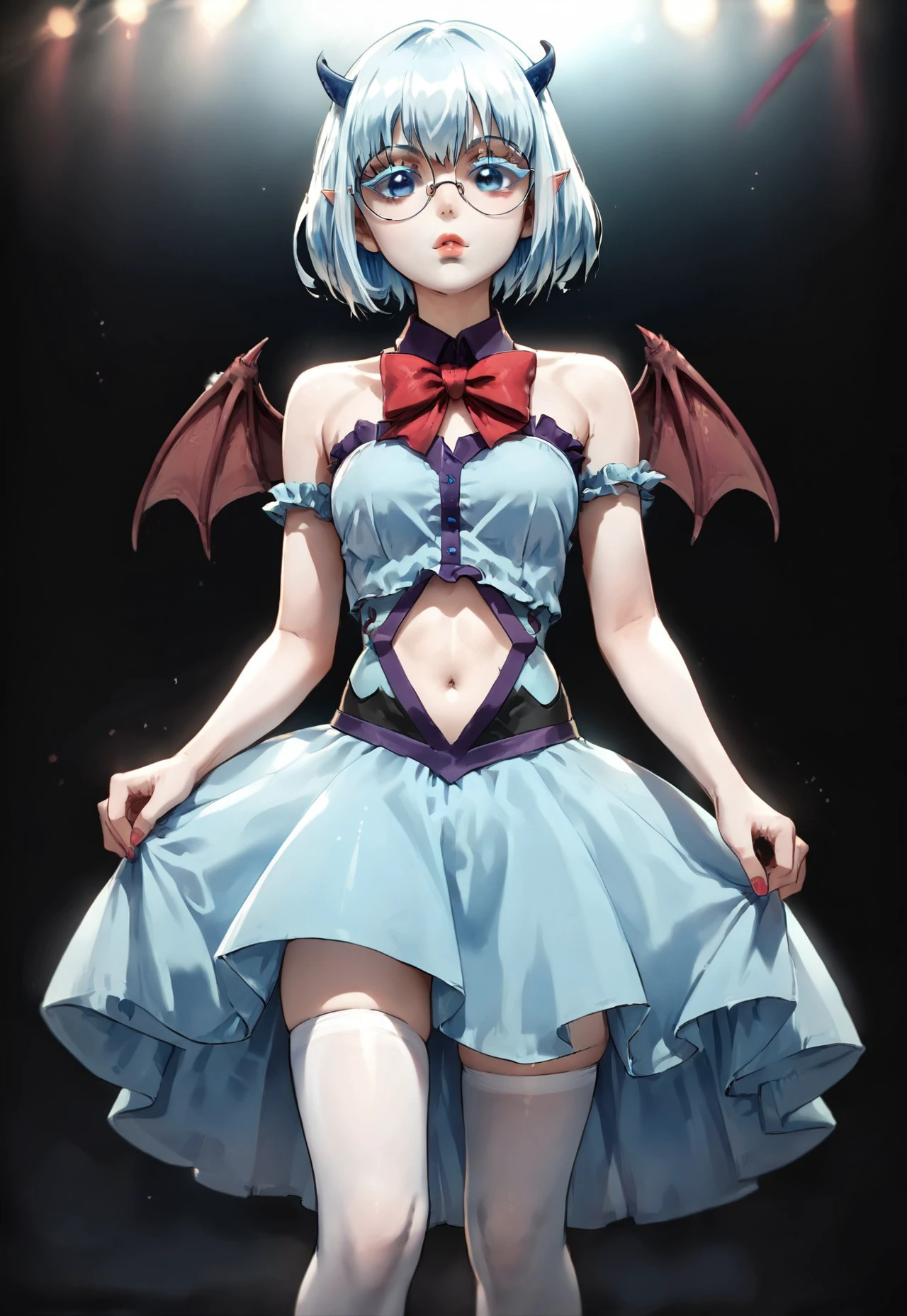 safe_pos, 1 girl, standing eye catching, solo, light blue hair, short hair, blue eyes, horns, round eyewear, colored eyelashes,  (,((score_9, score_8_up)):1.5), perfect lighting, anime, anime style, lighting, best quality, masterpiece, (head to thighs) 1girl, solo,beautiful face,contoured eyebrows,erotic model, full lips, skin colored lips, thin lips, perfect, detailed, best, full body:1, standing:1,KuromuDress, bow, navel cutout, bare shoulders, demon wings, white thighhighs
