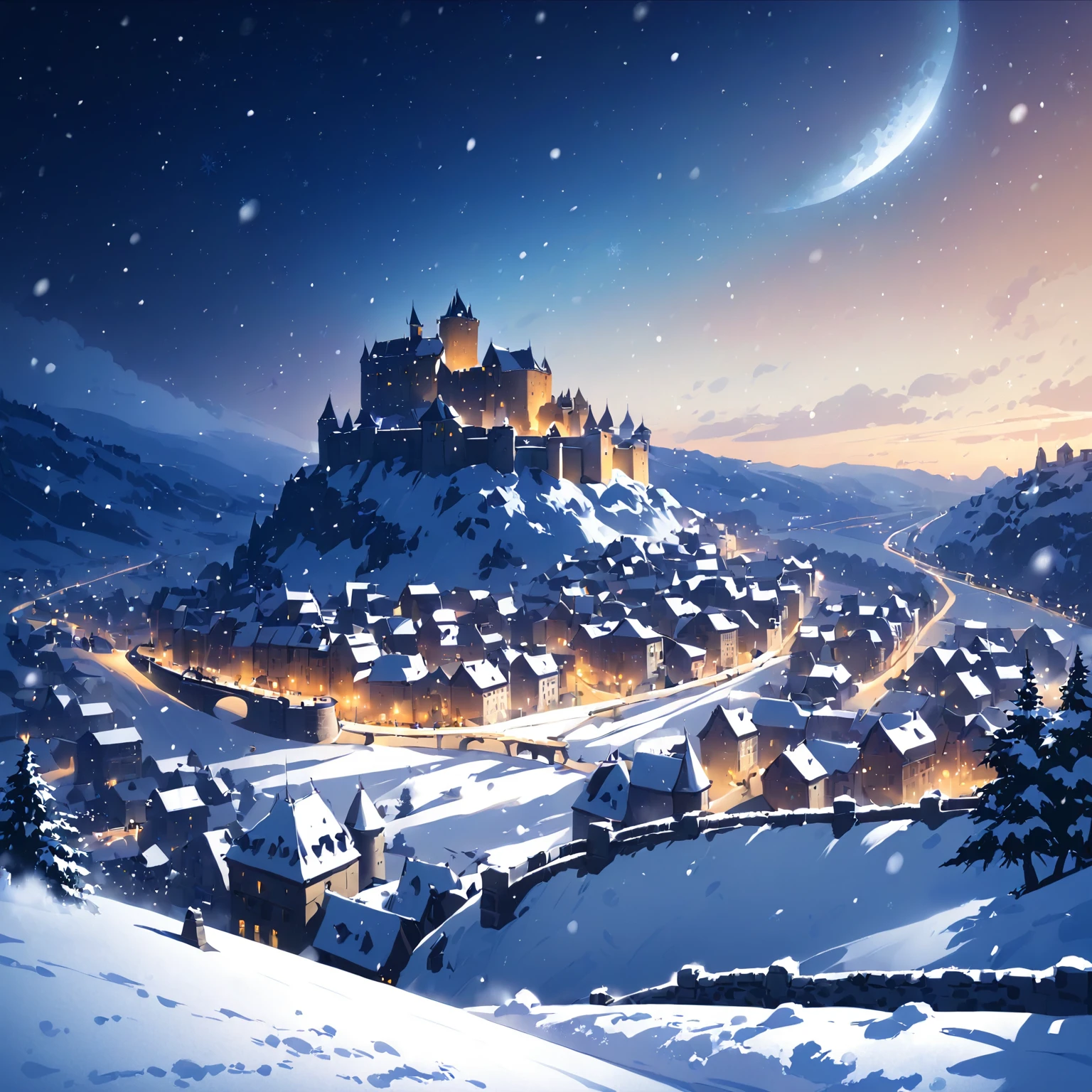 ethereal fantasy concept art of  snow, snowing, medieval city, distant castle, night <lora:Snowbound-SDXL:1>, snowbound, BREAK score_9, score_8_up, score_7_up, best quality, masterpiece, 4k, prefect lighting, very aesthetic, zPDXL2 . magnificent, celestial, ethereal, painterly, epic, majestic, magical, fantasy art, cover art, dreamy