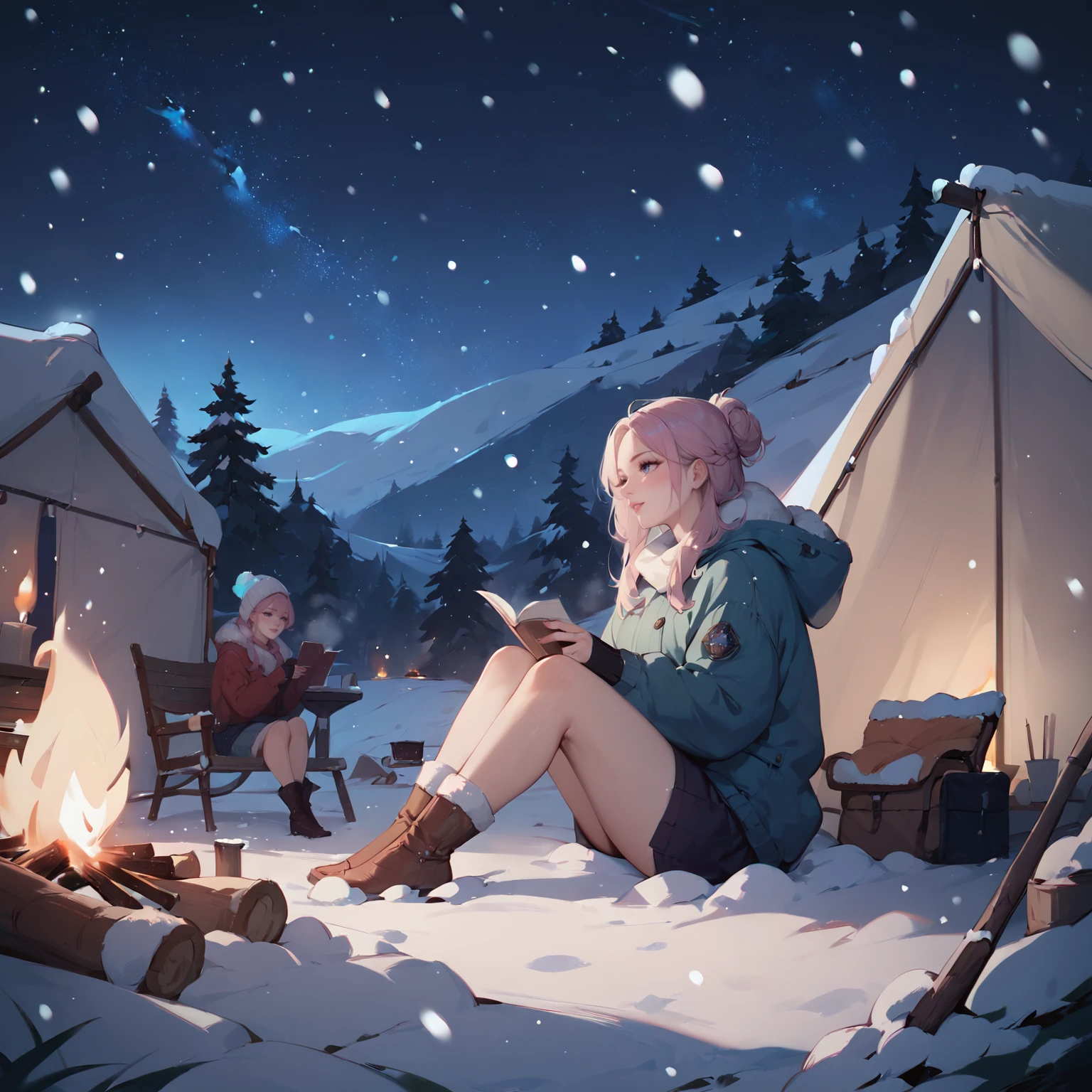 2girls, campfire, tent, night, snow, snowing, sitting, chair, camping, winter clothes, <lora:Snowbound-Pony:1>, snowbound, BREAK score_9, score_8_up, score_7_up, best quality, masterpiece, 4k, prefect lighting, very aesthetic, zPDXL2