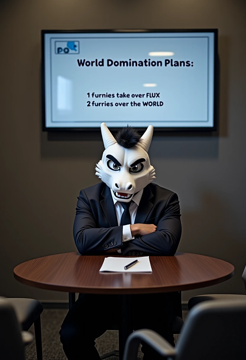 A professional cinematic photograph of a businessman in a two-piece suit sitting at a round table in a conference room. He is looking at the viewer with an evil smirk with his arms crossed, and is wearing a white dragon fursuit head. There is a TV on the wall above and behind him showing a powerpoint presentation titled "World Domination Plans:" with the following underneath: "1. Furries take over FLUX 2. Furries take over the WORLD"