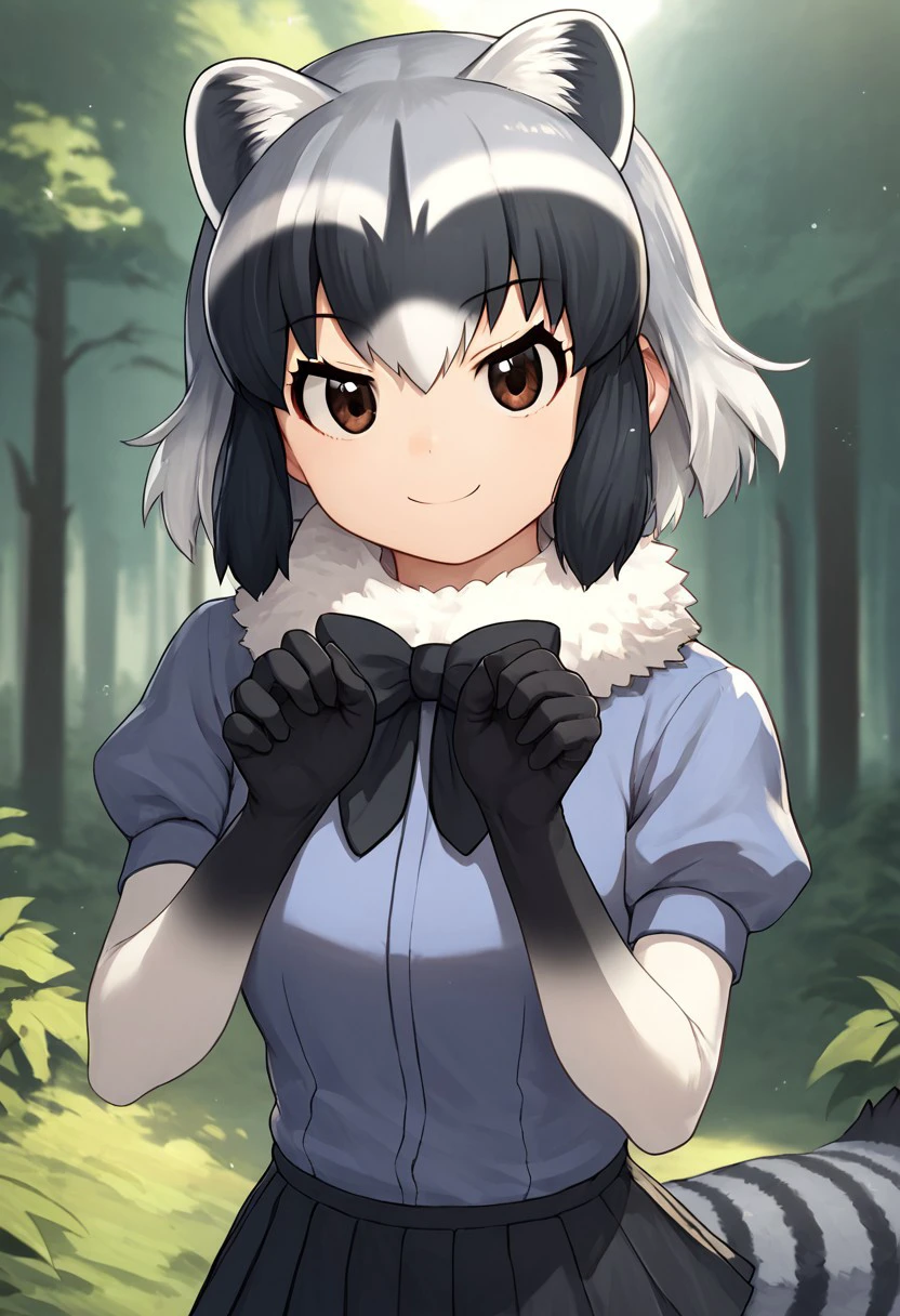 1girl, solo, best quality, ultra-detailed, extremely detailed, perfect anatomy, masterpiece, score_9, score_8_up, score_7_up, Common Raccoon (Kemono Friends), raccoon ears, brown eyes, bangs, multicolored hair, tail, raccoon tail, grey hair, black hair, white hair, short hair, black bowtie, puffy short sleeves, black gloves, elbow gloves, fur collar, pleated skirt, black skirt, blue shirt, pantyhose, black shoes, outdoors, in a forest, standing, smiling, staring at viewer, cute pose, closeup, three-quarters shot, face focus,