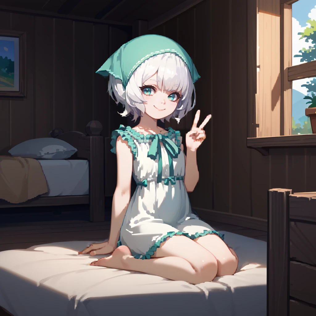 1girl,solo,<lora:yonah:1>,"young-yonah,white hair,aqua eyes,short hair,green head scarf,green ribbon,white dress,frilled dress,sleveless dress,ribbon trimmed dress,short dress",
indoors,bedroom,cabin,wooden floor,
looking at viewer,smile,closed mouth,sitting,on bed,hand up,v,arm support,, score_9, score_8_up, score_7_up, perfect anatomy, source_anime, zPDXL2,