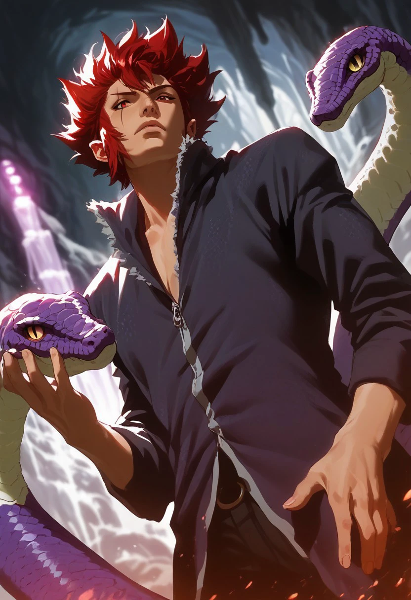 score_9, score_8_up, score_7_up, source_anime, rating_safe, dark, ErikFT, red hair, Erik scar, glowing purple eye, 1boy, male focus, snake skin clothes, demon facepaint, Poison king, hands with five fingers, from below, dutch angle, blurry indoor rocky cave, realistic shading,