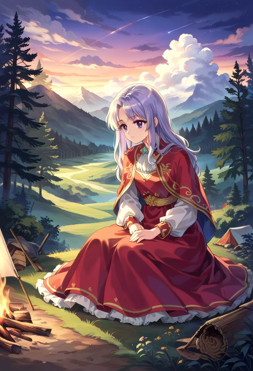 score_9, score_8_up, score_7_up,source_anime, charming woman, vintage outfit, retro camping, campfire, patting playful rabbit, sitting on grass, tent, lots of trees, cheerful expression. midnight, low light, dappled moonlight, mountainous horizon, soft lighting, muted colors, high contrast, nostalgic, whimsical, detailed, high-definition, elegant, classic, serene atmosphere, intricate details, cinematic