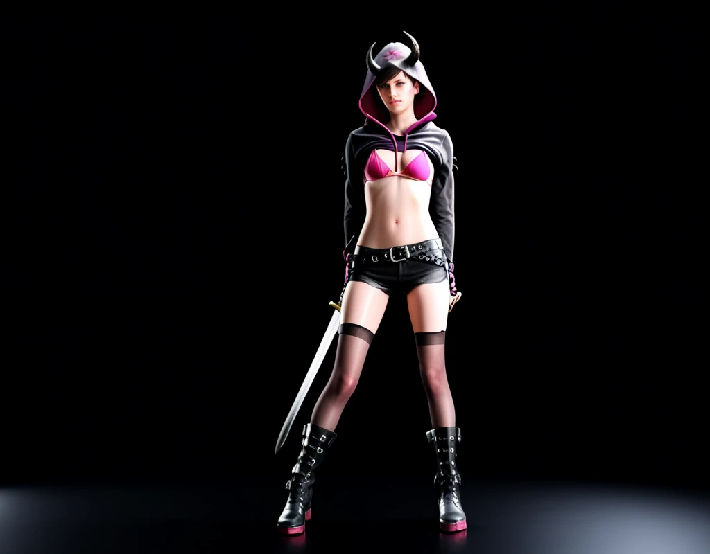 score_9, score_8_up, score_7_up, moira-burton, resident evil, 1girl, solo, hood, shorts, navel, boots, horns, thighhighs, weapon, short shorts, sword, knee boots, black shorts, belt, black background, standing, breasts, weapon on back, arms behind back, bra, full body, black footwear, hoodie, bikini top only, blue eyes, short hair, underwear, pink bra, bikini, simple background
 <lora:Body Type_alpha1.0_rank4_noxattn_last:2> <lora:Resident_Evil_Revelations_Moira_Burton:1>