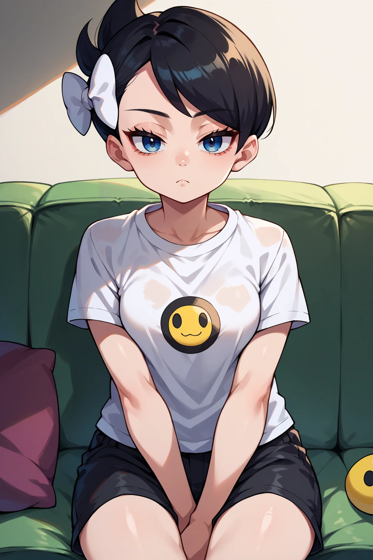 score_9, score_8_up, score_7_up, score_6_up, source_anime, 1girl, solo,  <lora:pkmnmarley-pdxl-nvwls-v1-000006:1> pmMly, black hair, blue eyes, short hair, hair bow, white bow, white t-shirt, smiley face on t-shirt, black shorts, sitting, couch, bored, looking at you, medium breasts