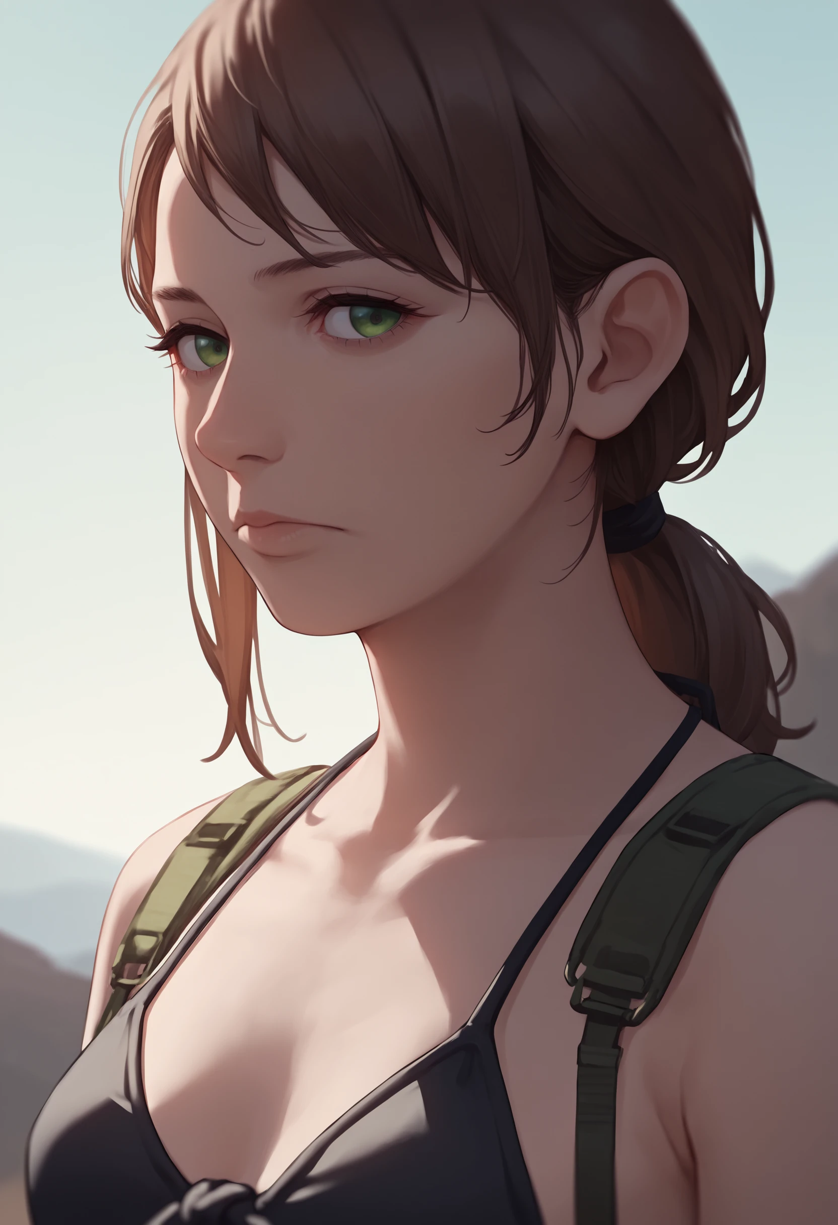 score_9, score_8_up,score_7_up, source_anime, 1girl, solo, <lora:MGSVsnpqt_pdxl_EliPot:1>, mgsnp,  long hair, brown hair, green eyes, mature female,
front-tie bikini, harness, black bikini, 
portrait, upper body, close-up, 
outdoors, expressionless, looking at viewer,