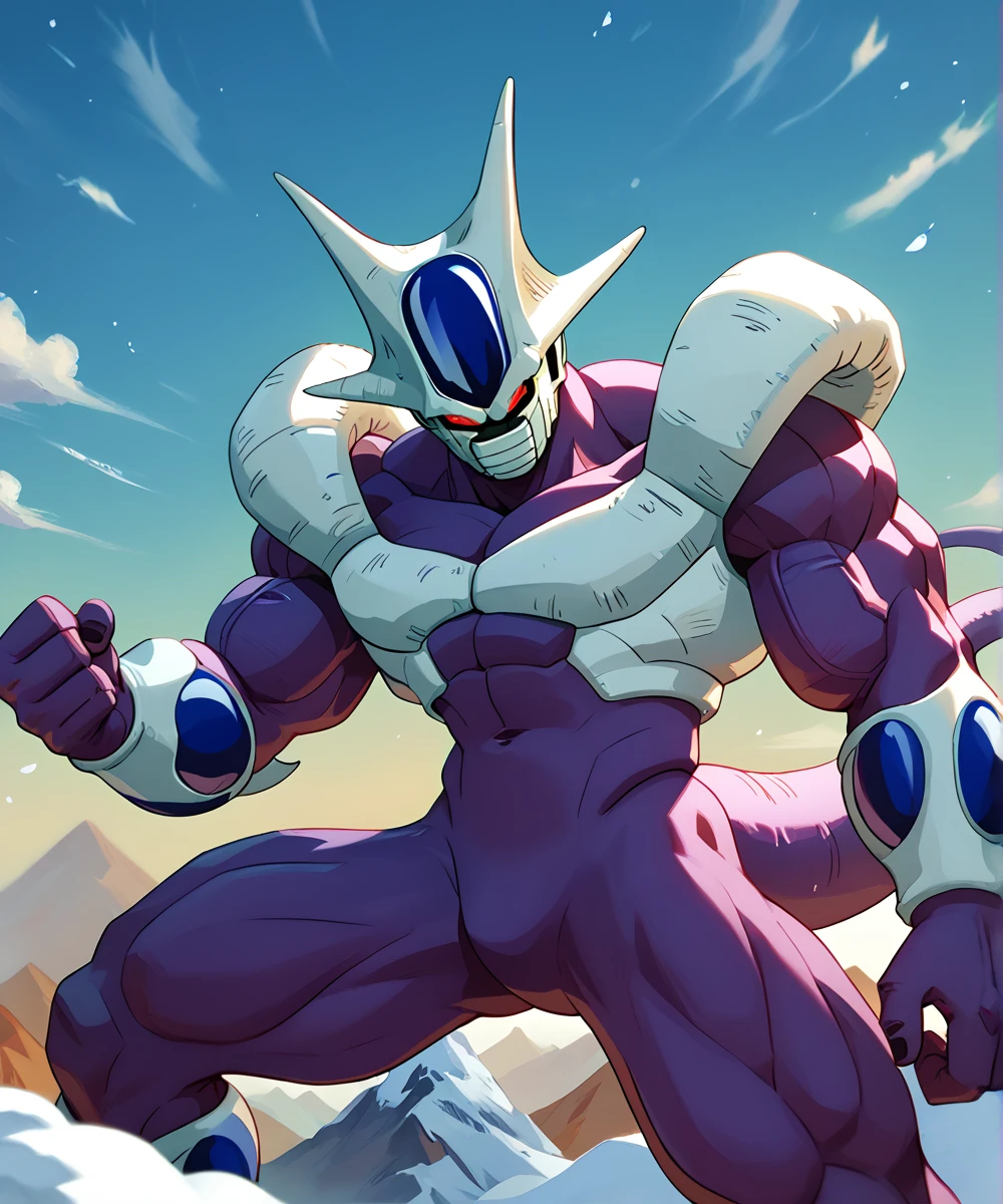 score_9, score_8_up, score_7_up,
<lora:Cooler_(Dragonball_Z)_(Pony)_(AD):1.15> Cooler, Dragonball Z, muscular, muscles, male focus, purple skin, colored skin, red eyes, no humans, tail, face mask, 
8K, In'ei, hiaroscuro, depth of field, volumetric lighting,
perfect hands, perfect proportions, veiny muscles, 
alien planet, snowy wasteland, cold planet with monumentally tall mountains, anime style background, evil villain, indomitable, extreme perspective, supervillain, flawless unbeatable fighter, mid fight pose, warm lighting, perfect tail, red sclera, white bio armor, the mightiest warrior in the universe, glowing solid red eyes, cowboy shot, 
BREAK zPDXL, zPDXLxxx,